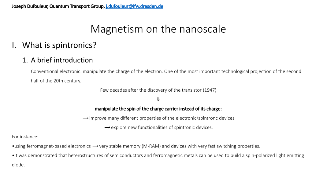 Magnetism on the Nanoscale I