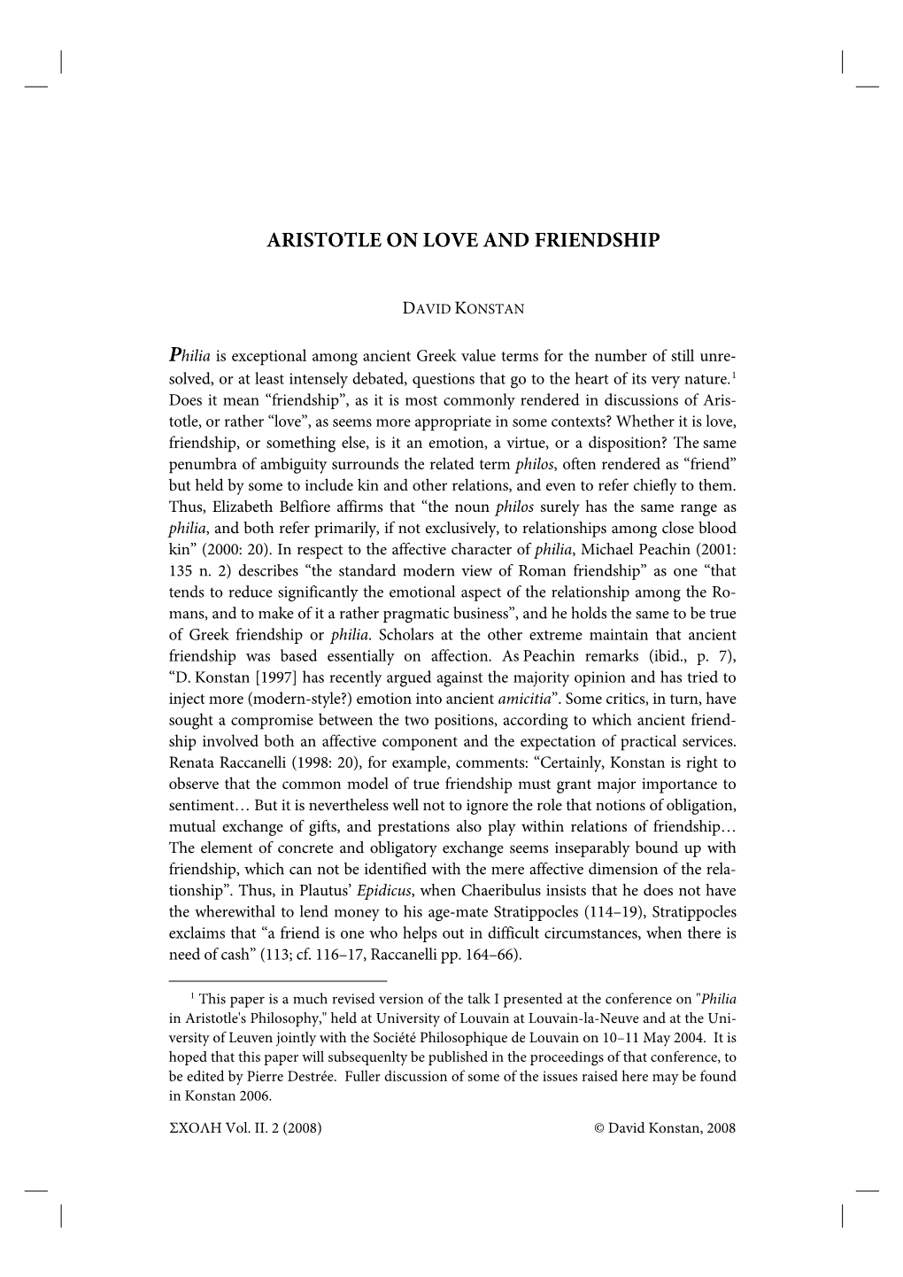 Aristotle on Love and Friendship