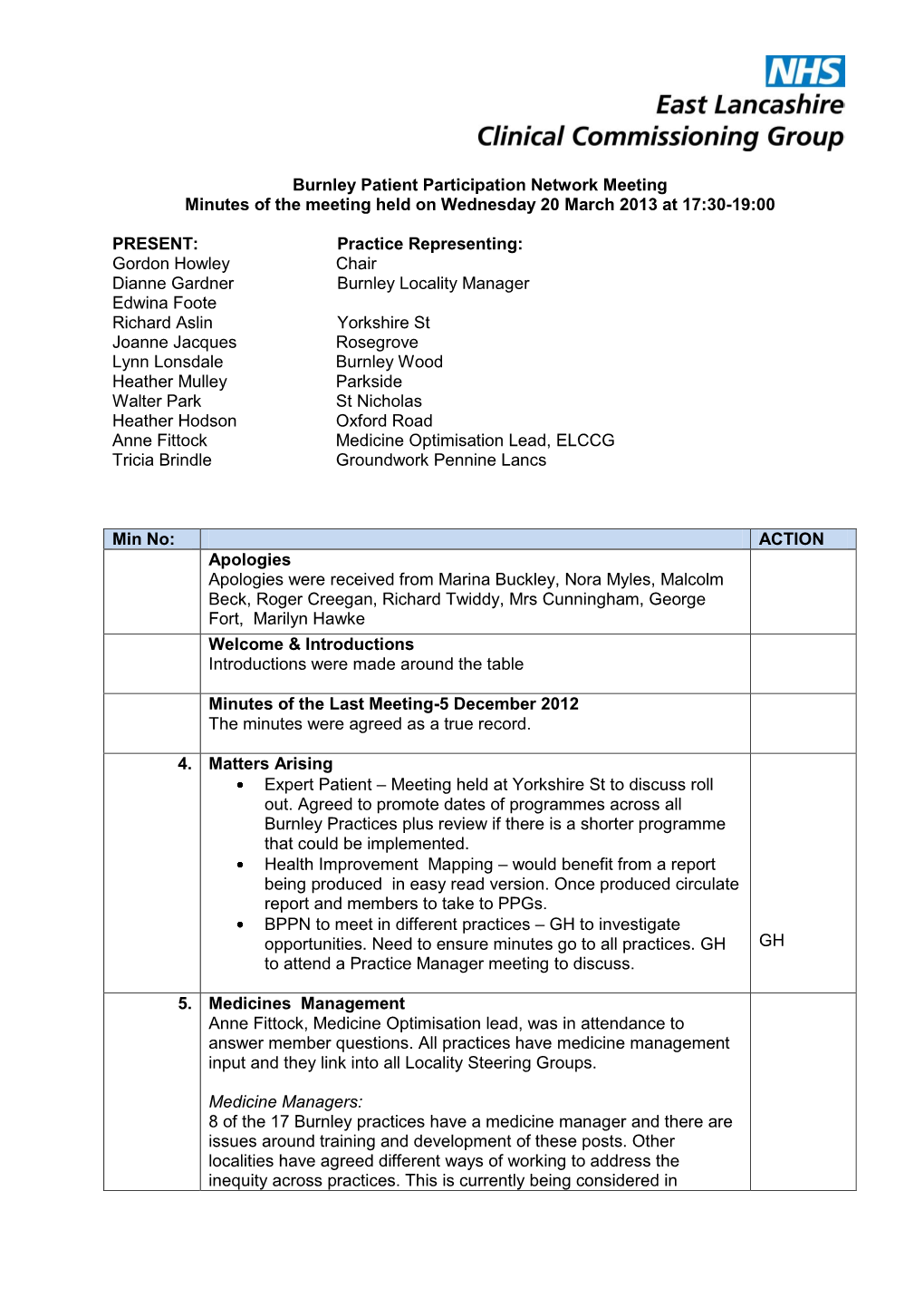 Burnley Patient Participation Network Meeting Minutes of the Meeting Held on Wednesday 20 March 2013 at 17:30-19:00