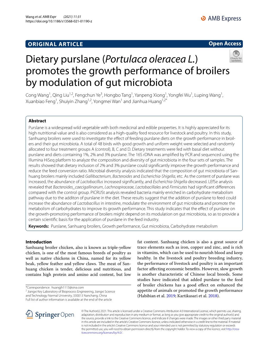 Dietary Purslane (Portulaca Oleracea L.) Promotes the Growth Performance of Broilers by Modulation of Gut Microbiota