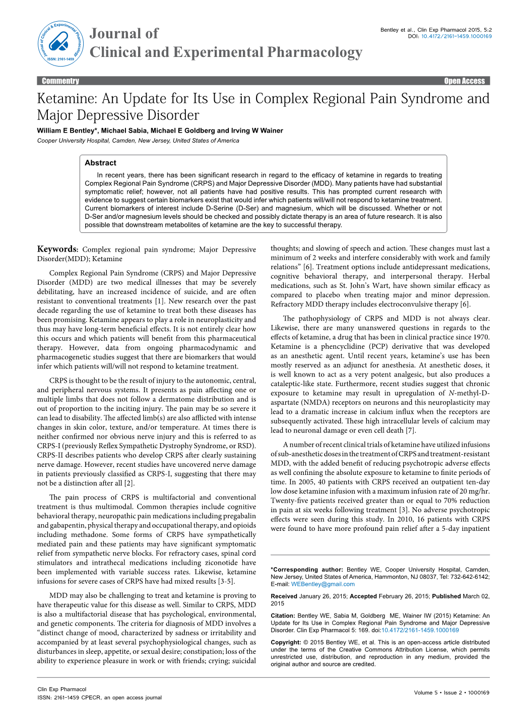 Ketamine: an Update for Its Use in Complex Regional Pain Syndrome