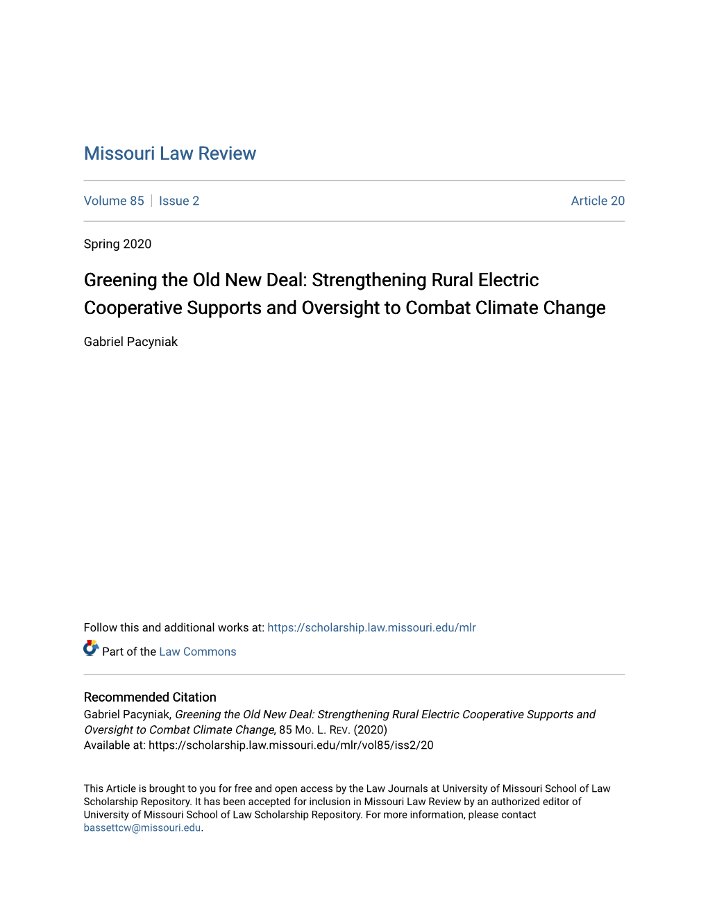 Greening the Old New Deal: Strengthening Rural Electric Cooperative Supports and Oversight to Combat Climate Change