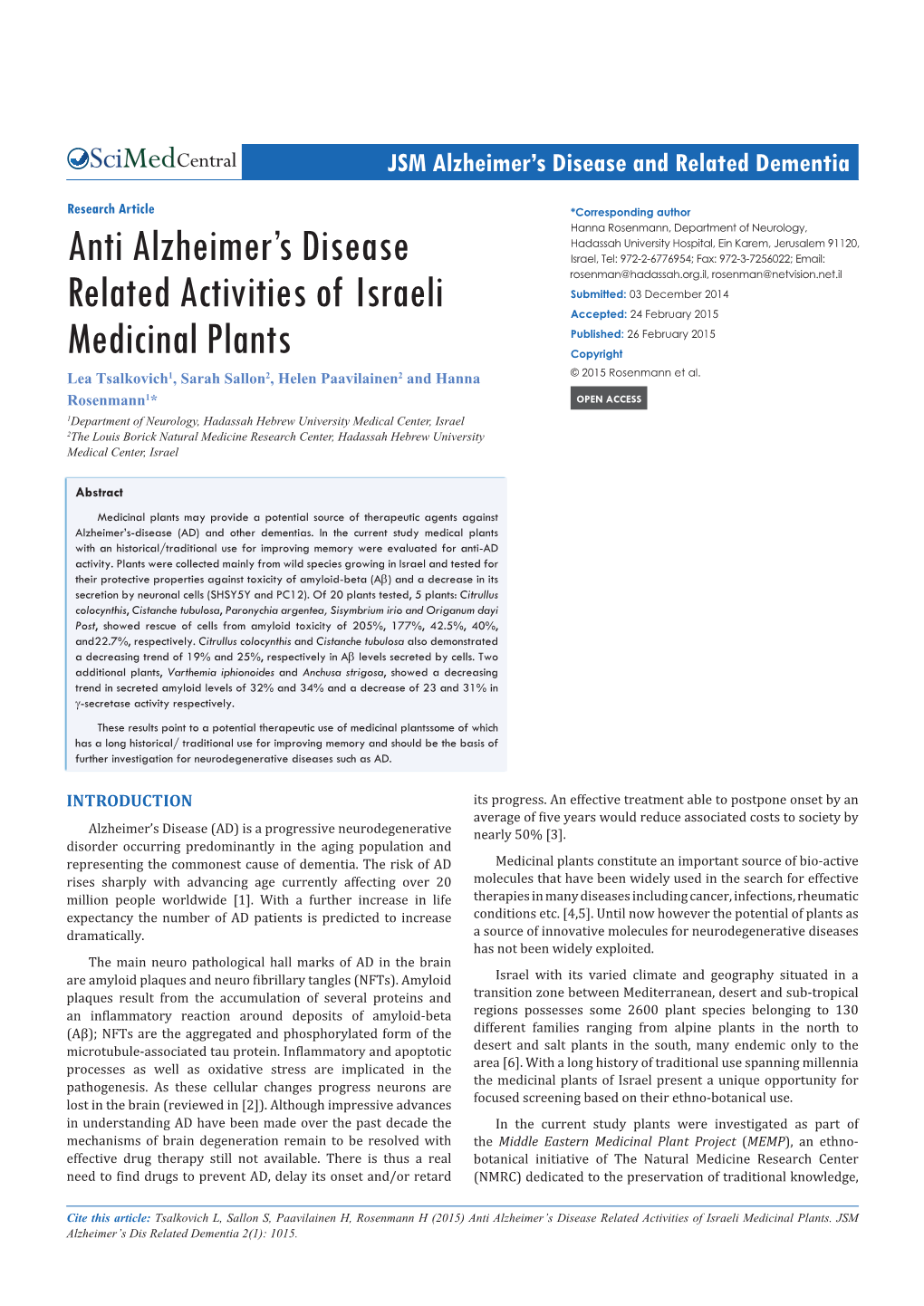 Anti Alzheimer's Disease Related Activities of Israeli Medicinal Plants