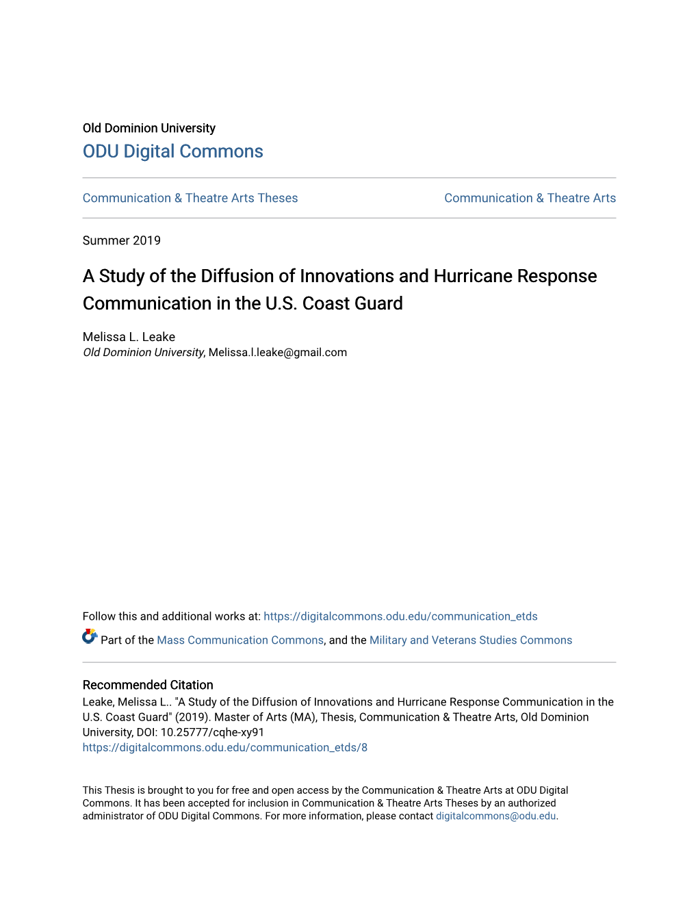 A Study of the Diffusion of Innovations and Hurricane Response Communication in the U.S