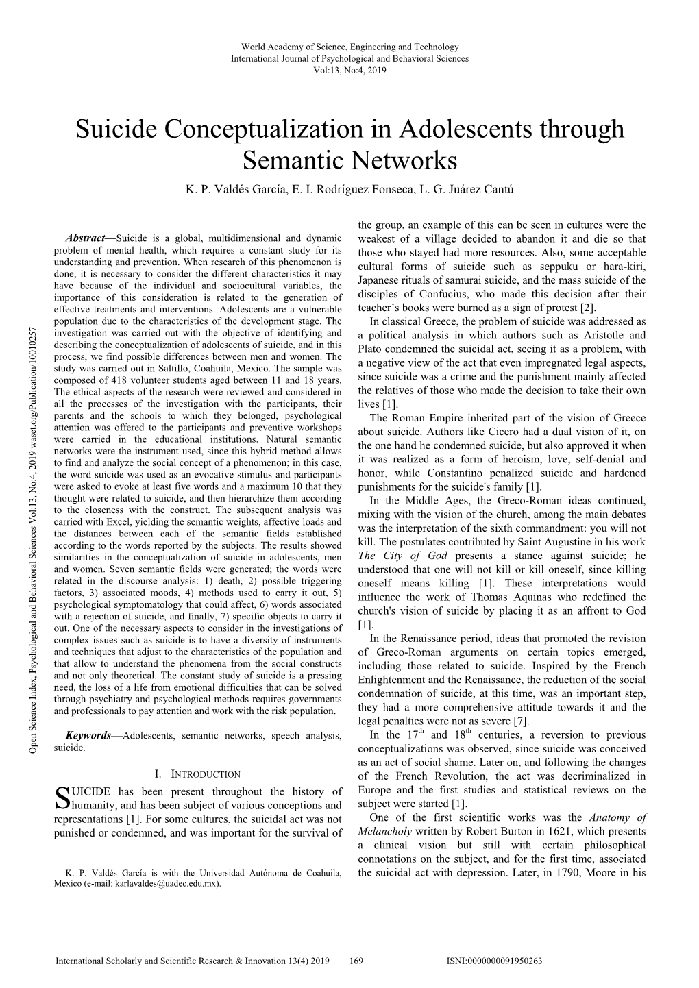 Suicide Conceptualization in Adolescents Through Semantic Networks K