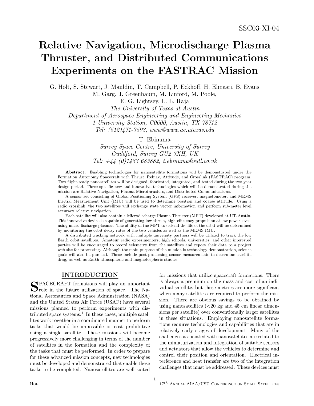 Relative Navigation, Microdischarge Plasma Thruster, and Distributed Communications Experiments on the FASTRAC Mission