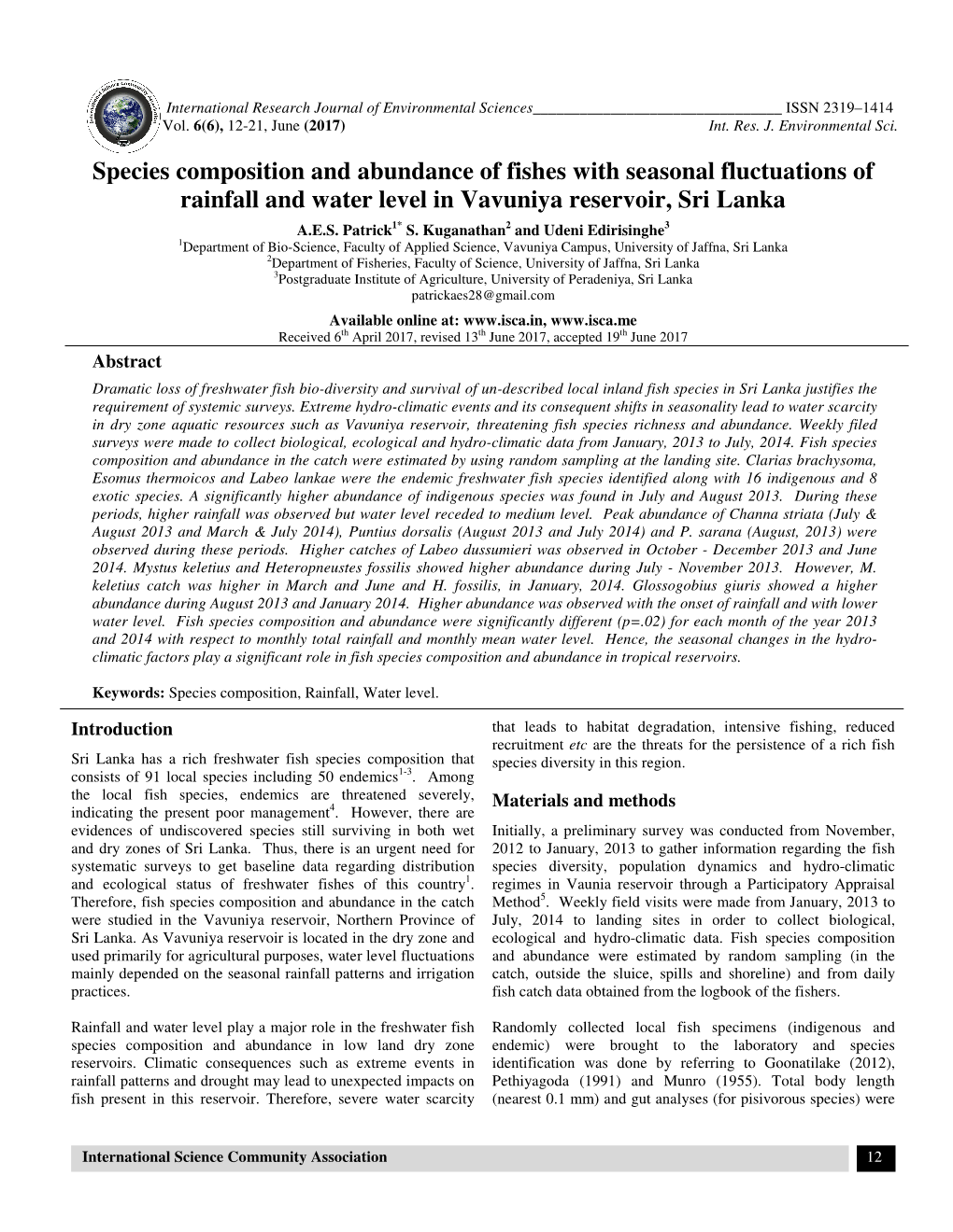 Species Composition and Abundance O Rainfall and Water Level in Va