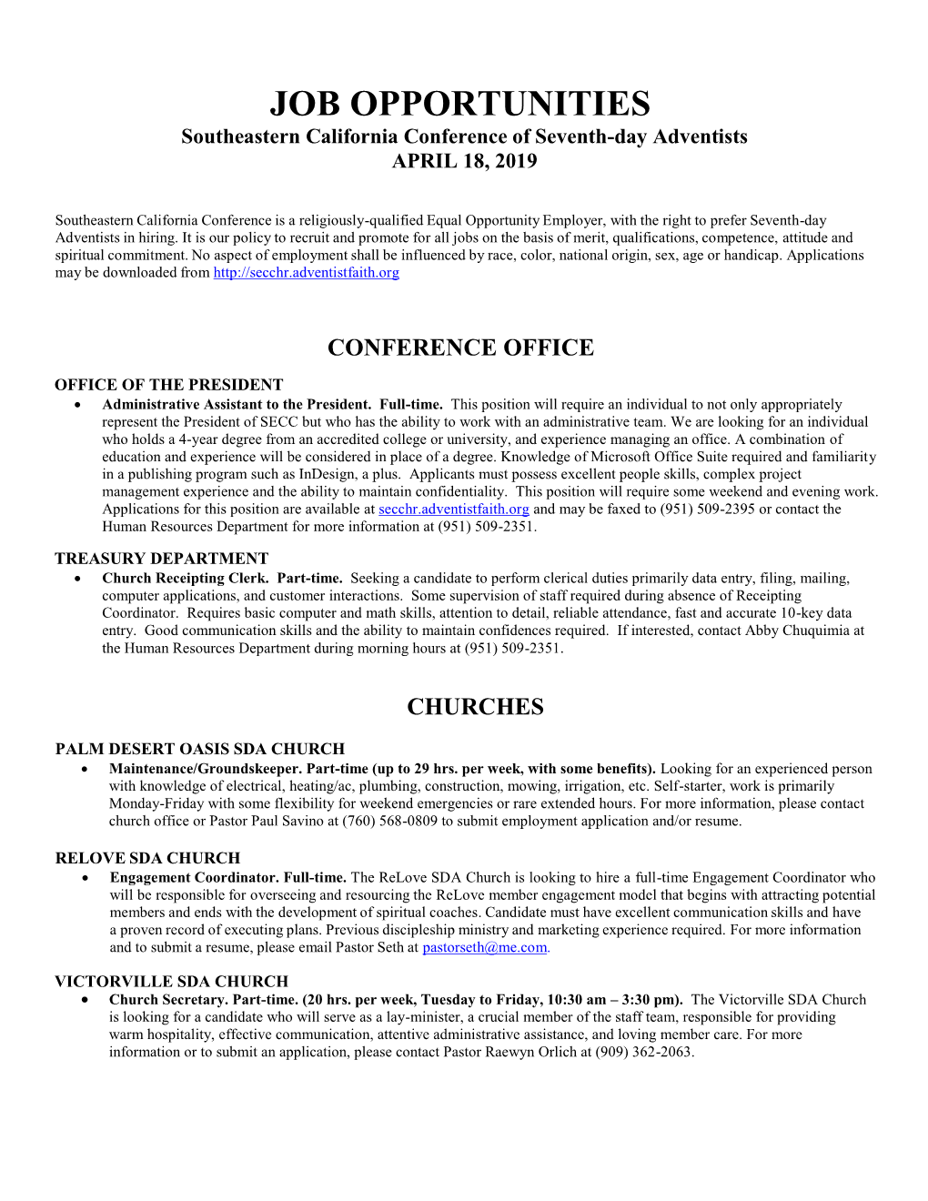 JOB OPPORTUNITIES Southeastern California Conference of Seventh-Day Adventists APRIL 18, 2019