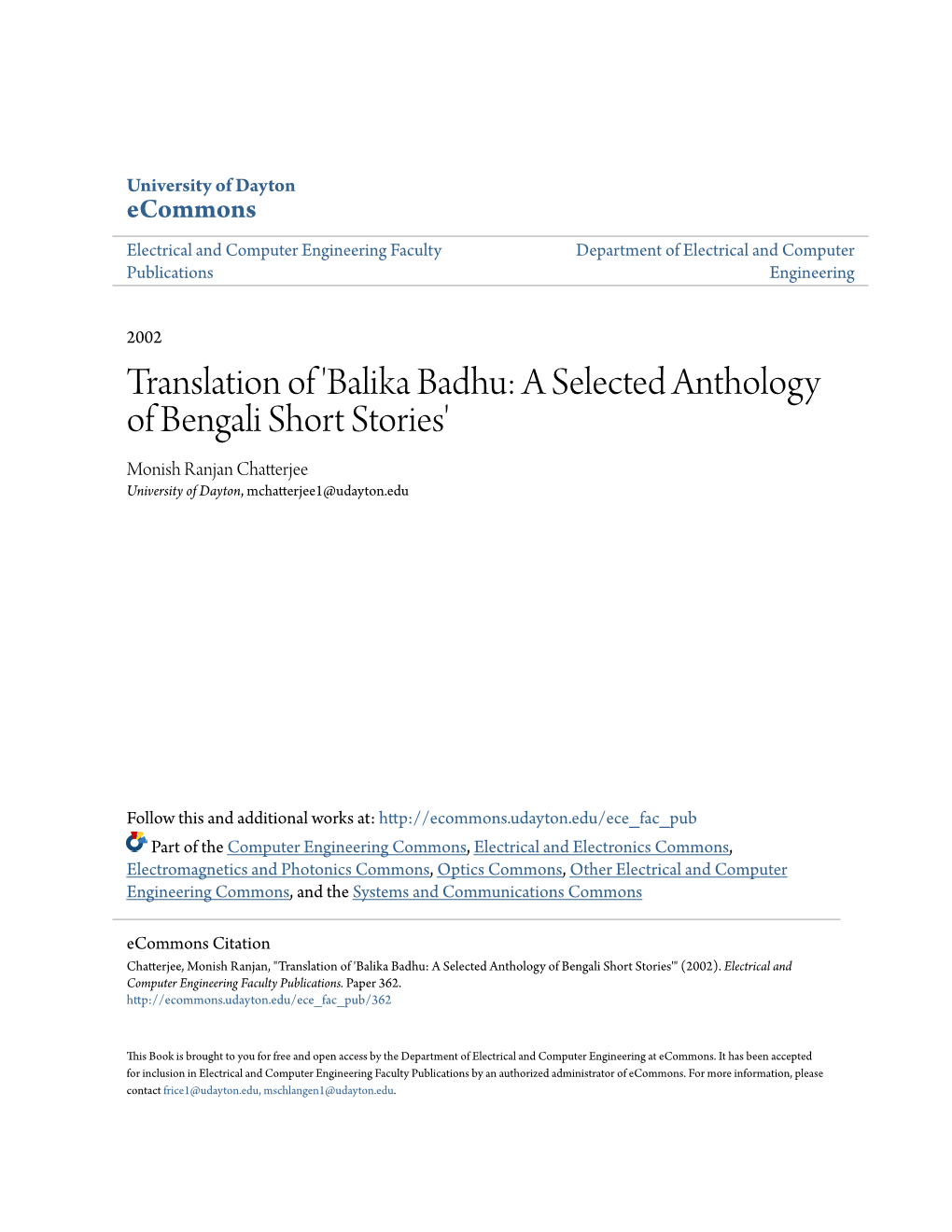 Balika Badhu: a Selected Anthology of Bengali Short Stories' Monish Ranjan Chatterjee University of Dayton, Mchatterjee1@Udayton.Edu