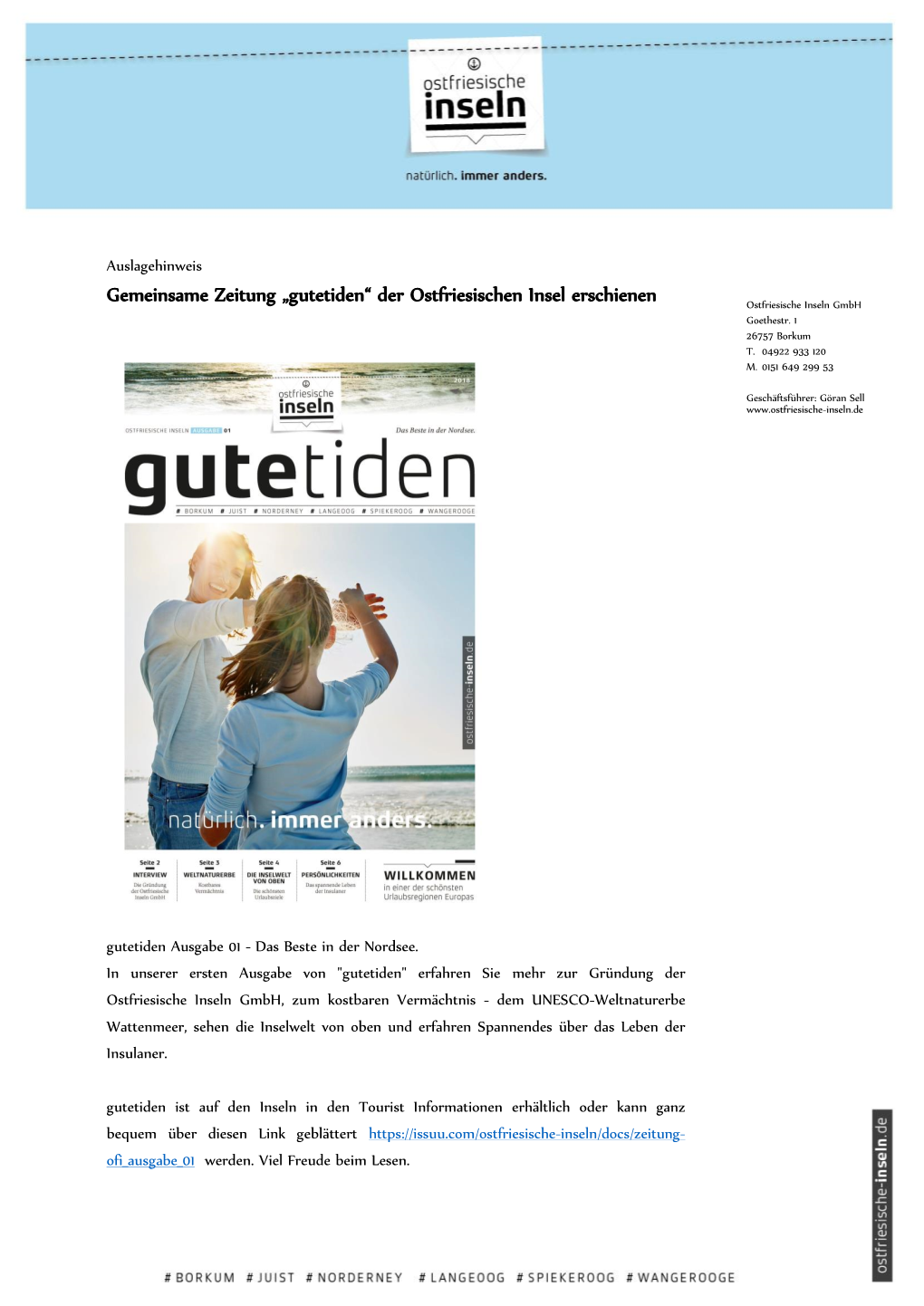 Gemeinsame Zeitung „Gutetiden“ Der Ostfriesischen Insel Erschienen Ostfriesische Inseln Gmbh Goethestr