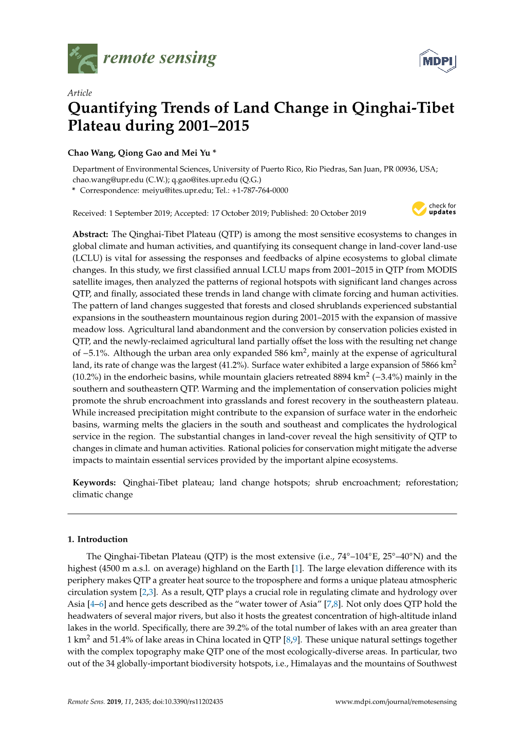 Quantifying Trends of Land Change in Qinghai-Tibet Plateau During 2001–2015