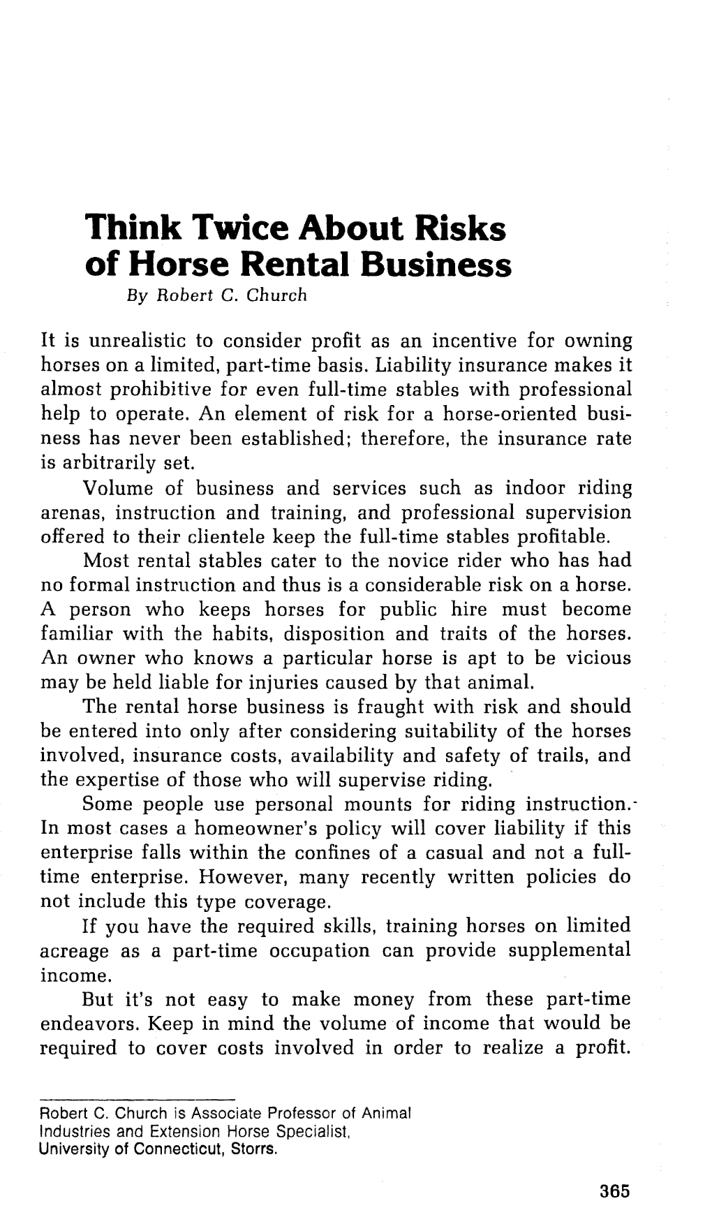 Think Twice About Risks of Horse Rental Business by Robert C