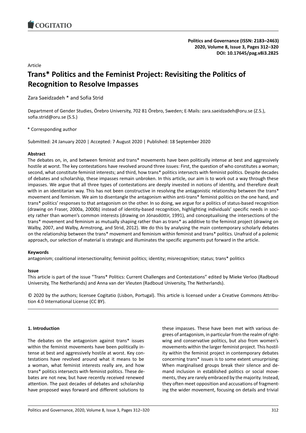 Trans* Politics and the Feminist Project: Revisiting the Politics of Recognition to Resolve Impasses