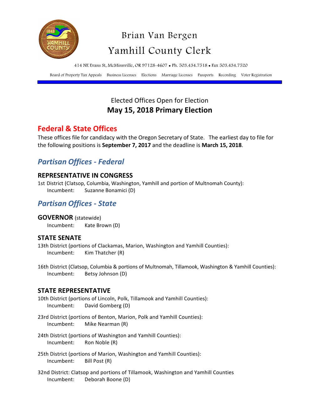 Notice of Offices Open for Election