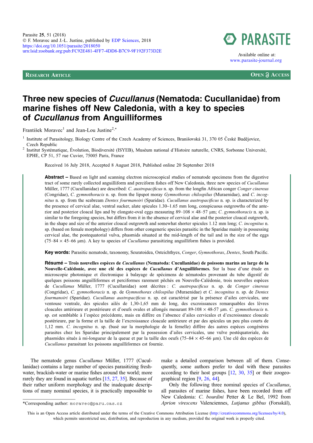 From Marine Fishes Off New Caledonia, with a Key to Species of Cucullanus from Anguilliformes