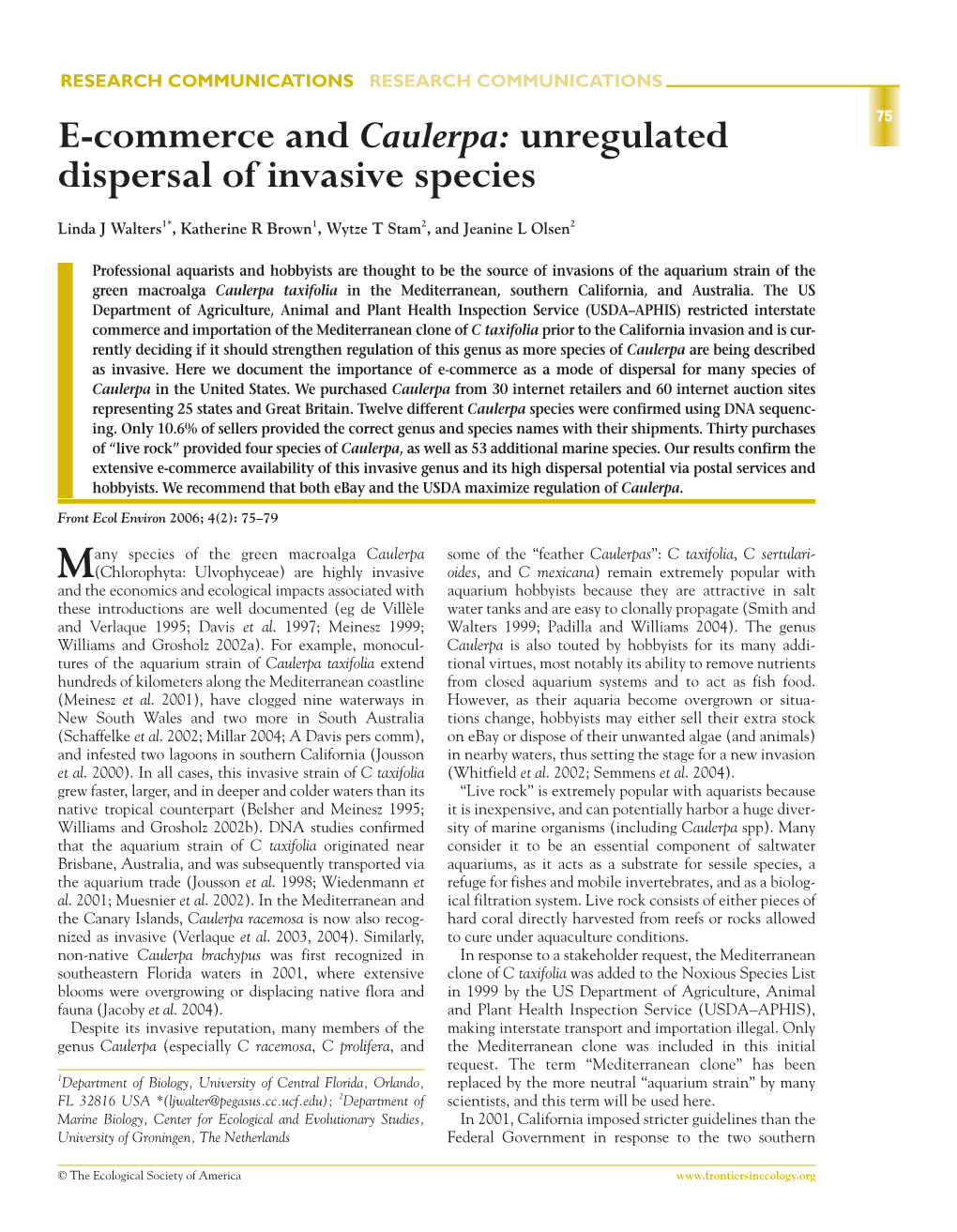 E-Commerce and Caulerpa: Unregulated Dispersal of Invasive