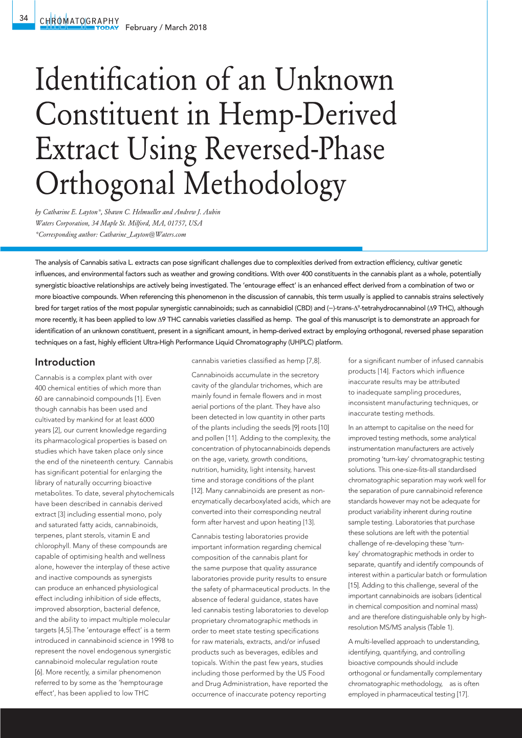 Identification of an Unknown Constituent in Hemp-Derived Extract Using Reversed-Phase Orthogonal Methodology