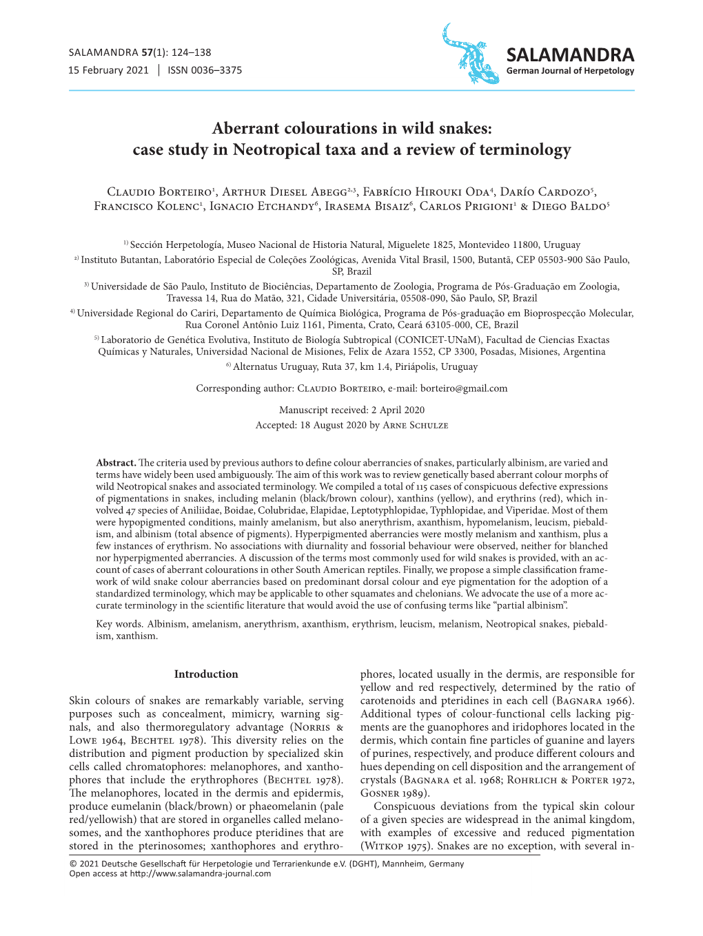 Aberrant Colourations in Wild Snakes: Case Study in Neotropical Taxa and a Review of Terminology