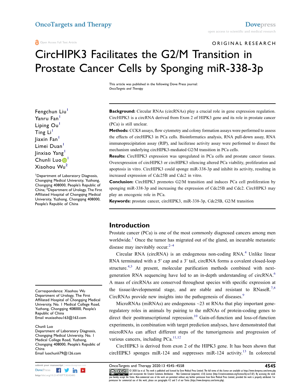 Circhipk3 Facilitates the G2/M Transition in Prostate Cancer Cells by Sponging Mir-338-3P