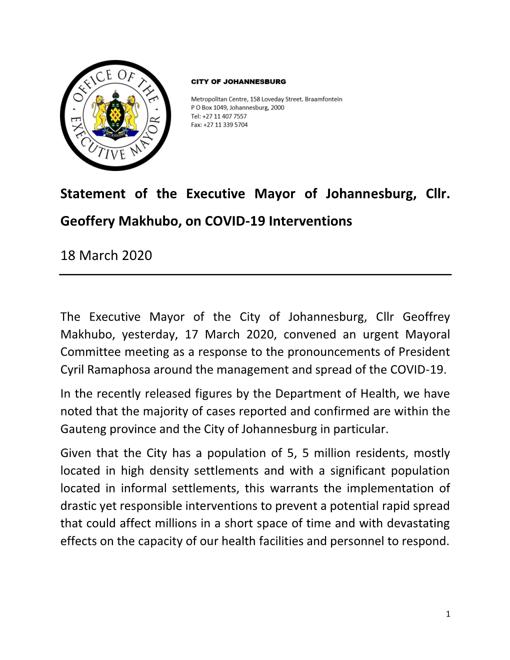 Statement of the Executive Mayor of Johannesburg, Cllr. Geoffery Makhubo, on COVID-19 Interventions