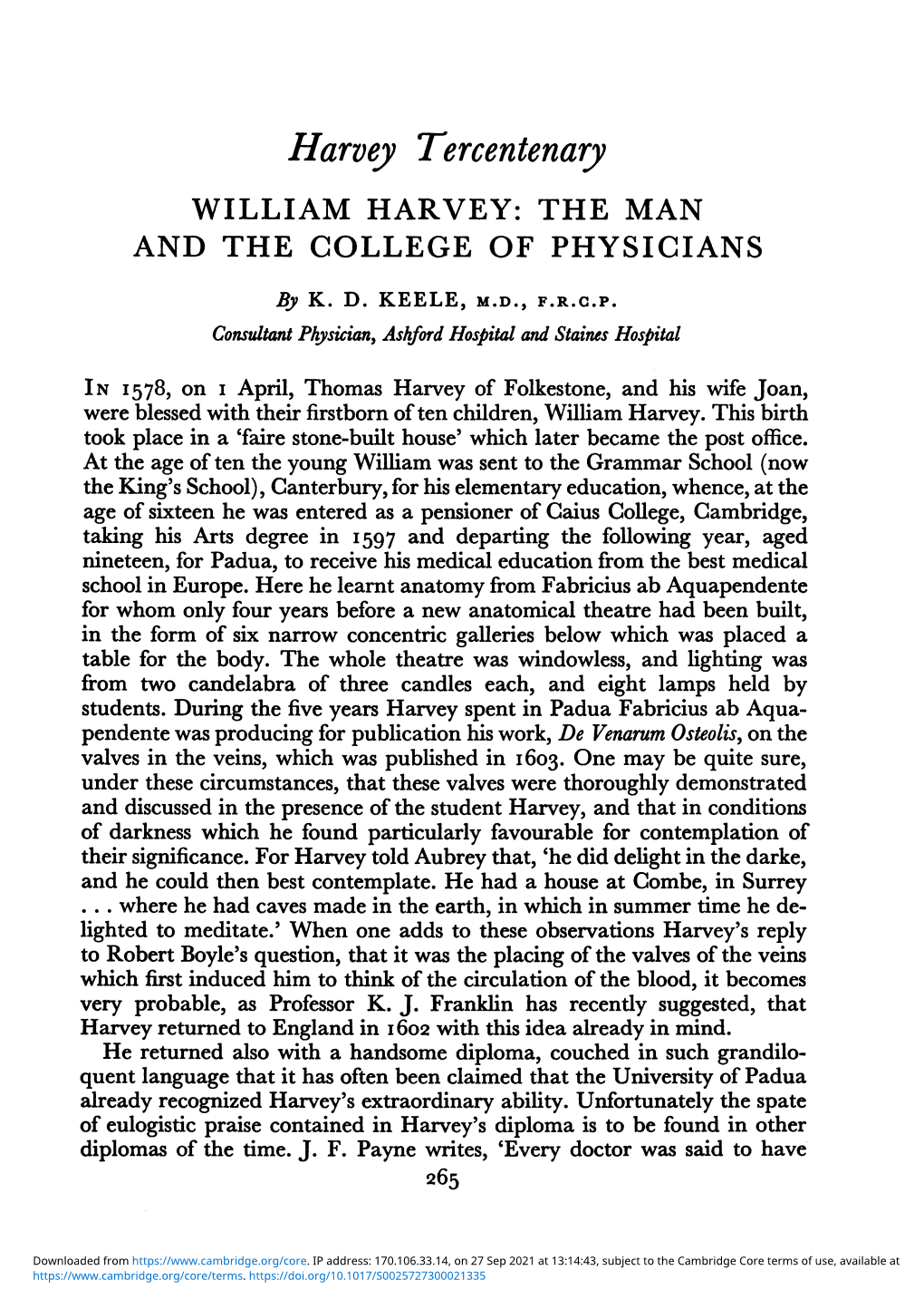 Harvey Tercentenary WILLIAM HARVEY: the MAN and the COLLEGE of PHYSICIANS