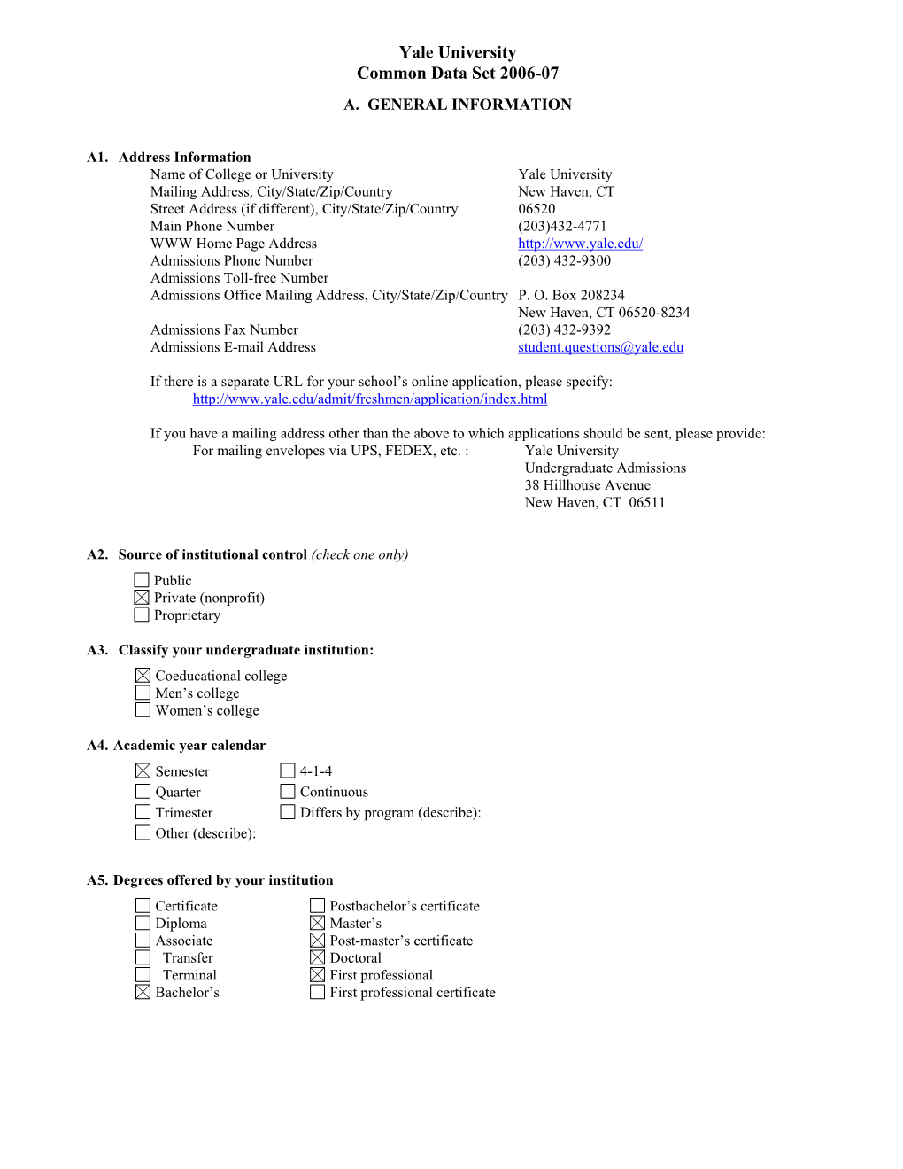 Yale University Common Data Set 2006-07 A