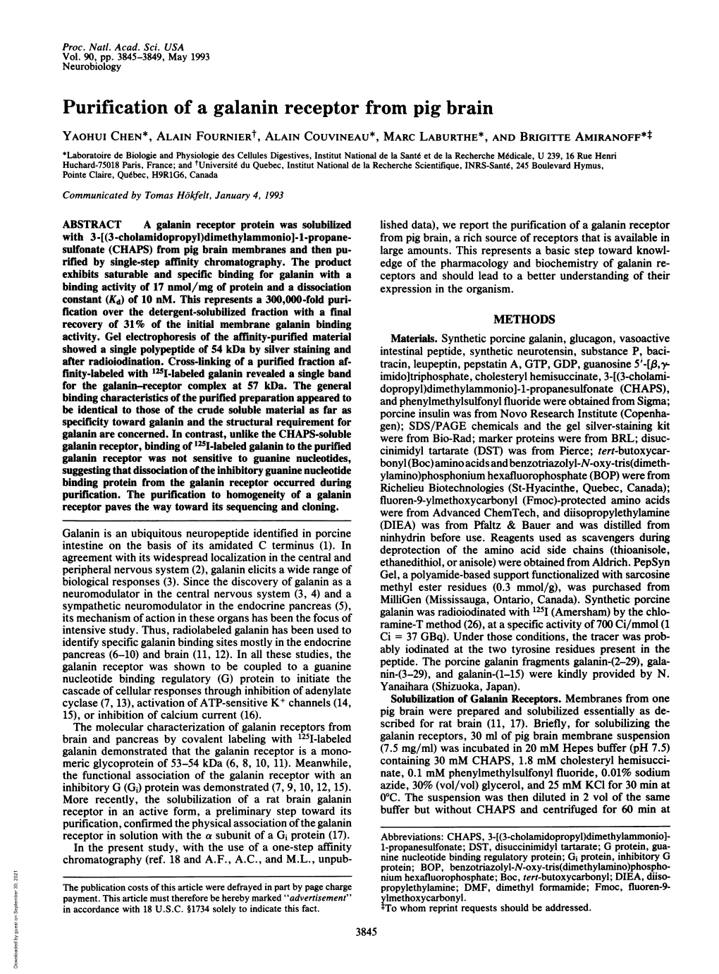 Purification of a Galanin Receptor from Pig Brain