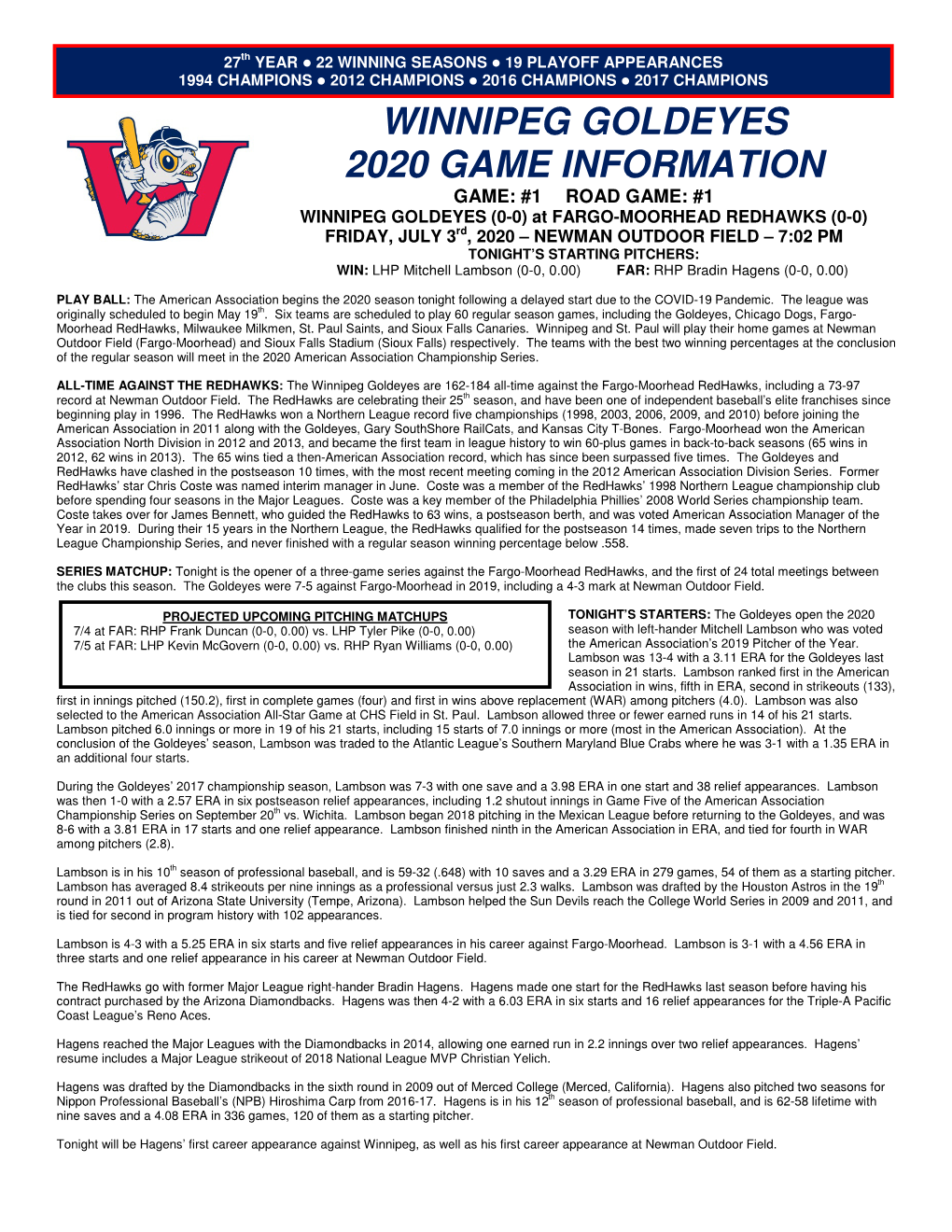 Winnipeg Goldeyes 2020 Game Information