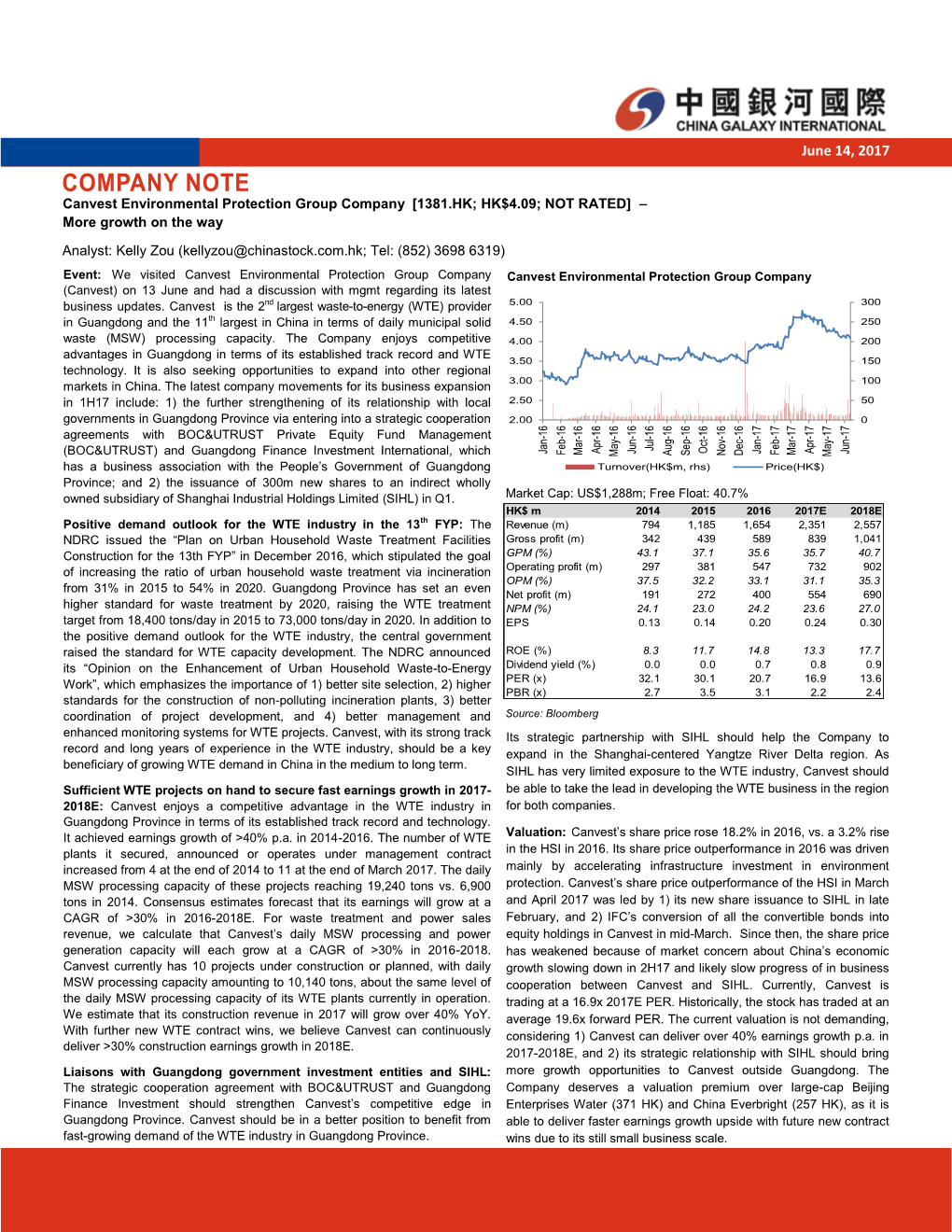 COMPANY NOTE Canvest Environmental Protection Group Company [1381.HK; HK$4.09; NOT RATED] – More Growth on the Way
