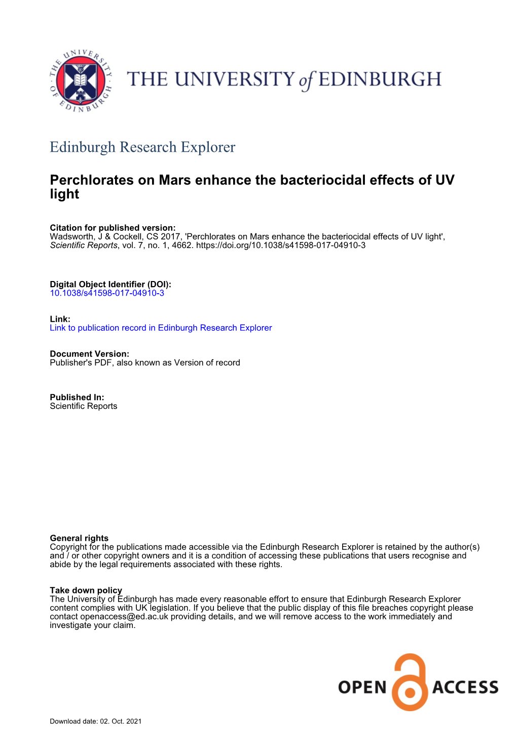 Perchlorates on Mars Enhance the Bacteriocidal Effects of UV Light