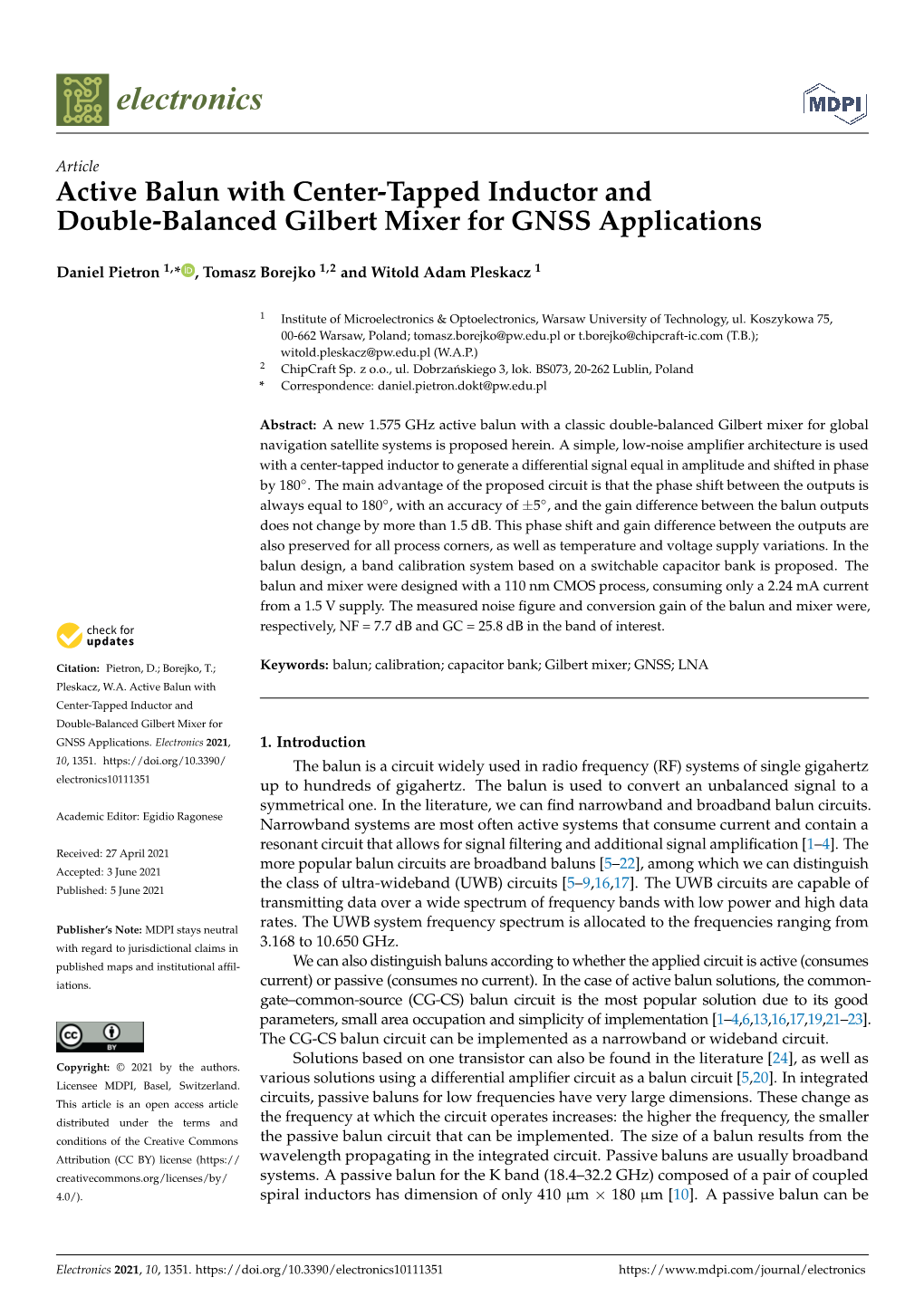 Active Balun with Center-Tapped Inductor and Double-Balanced Gilbert Mixer for GNSS Applications