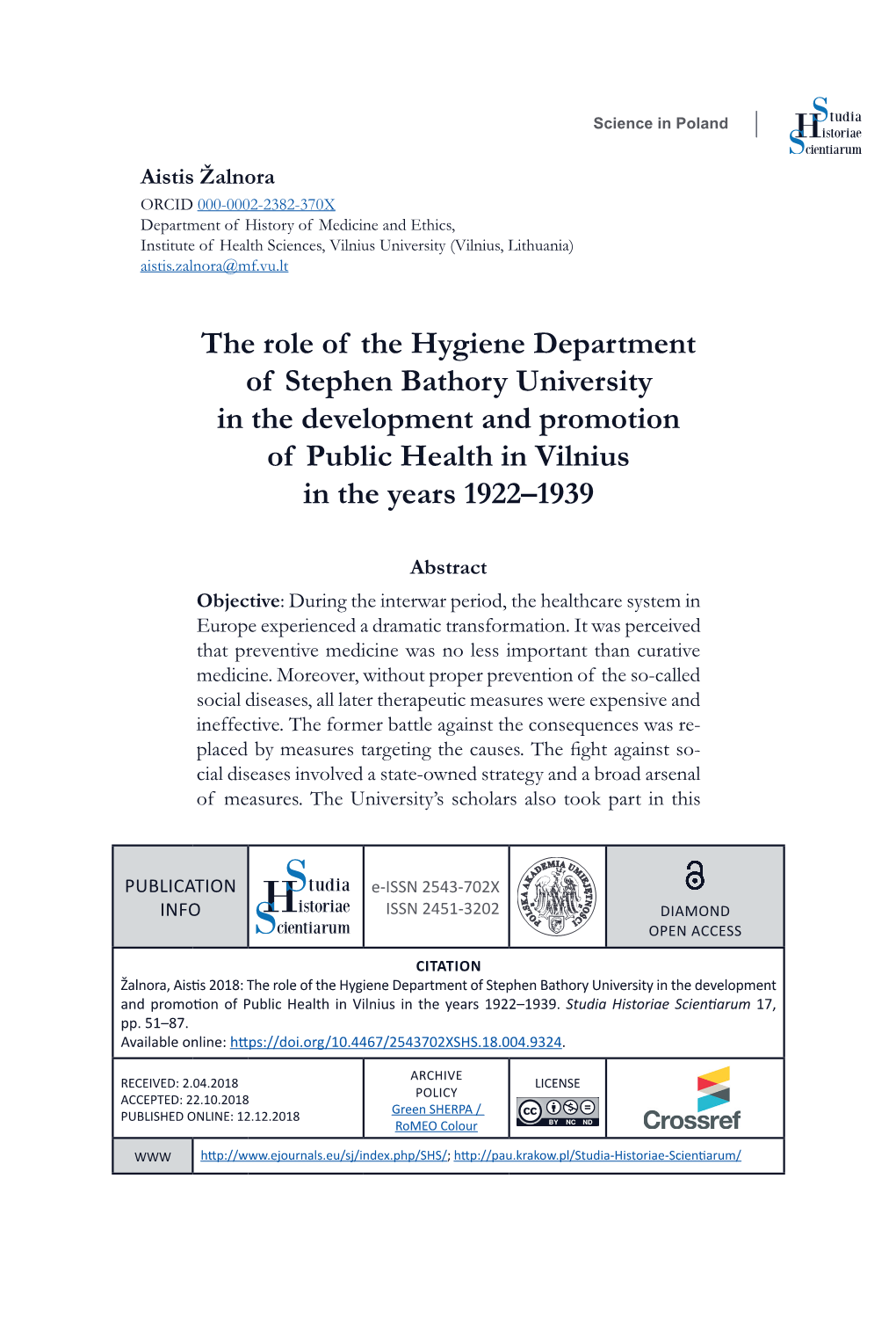 The Role of the Hygiene Department of Stephen Bathory University in the Development and Promotion of Public Health in Vilnius in the Years 1922–1939