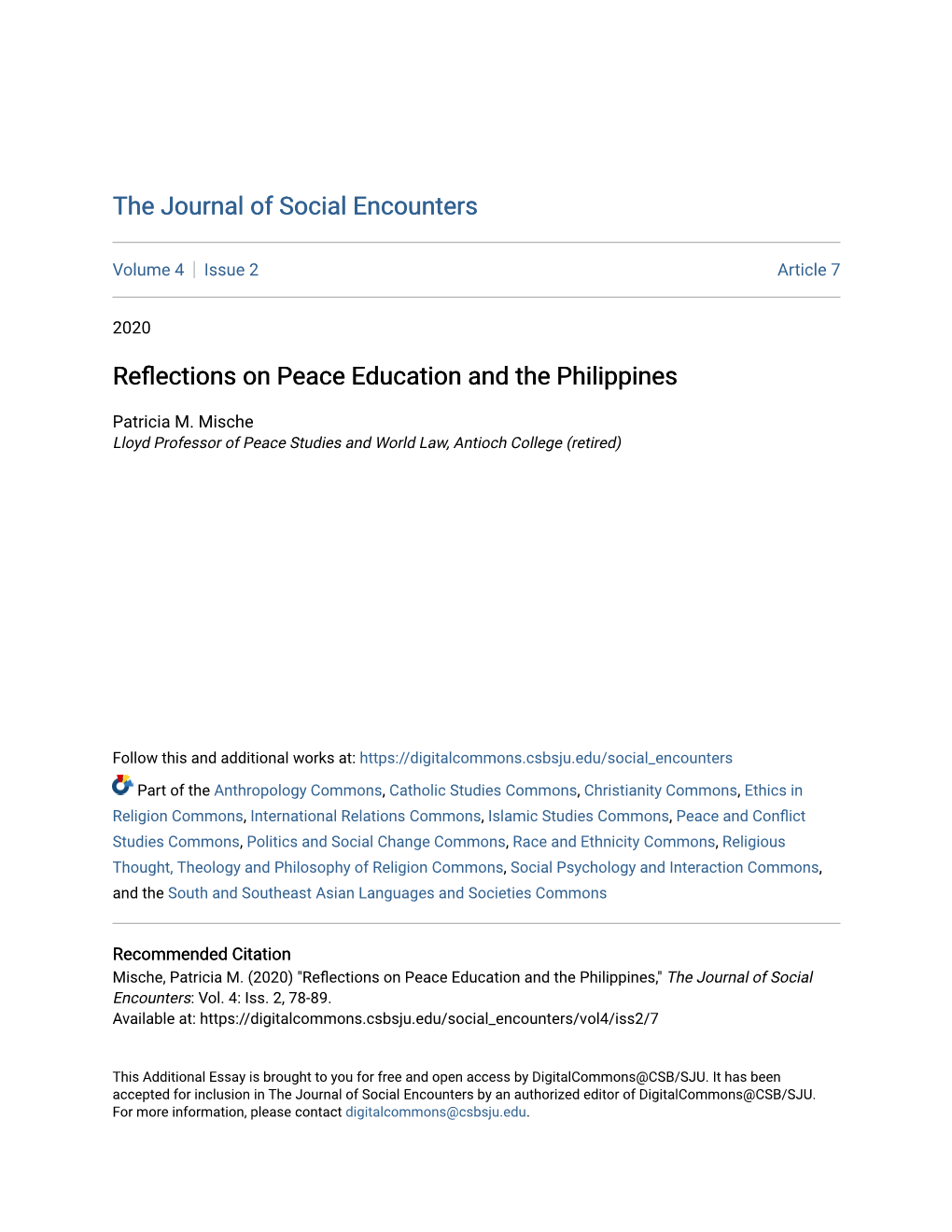 Reflections on Peace Education and the Philippines," the Journal of Social Encounters: Vol