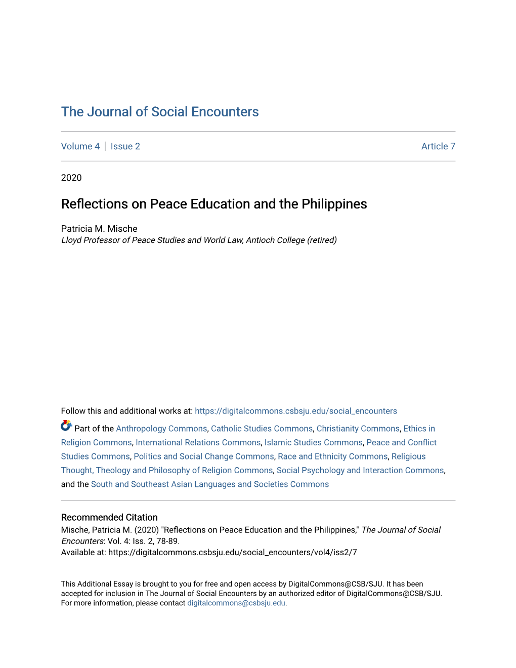 Reflections on Peace Education and the Philippines,