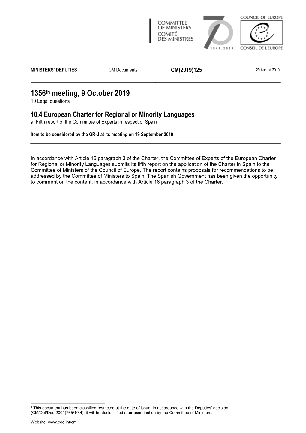 1356Th Meeting, 9 October 2019 10 Legal Questions
