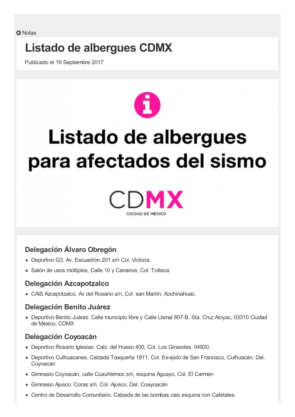 Listado De Albergues CDMX Publicado El 19 Septiembre 2017
