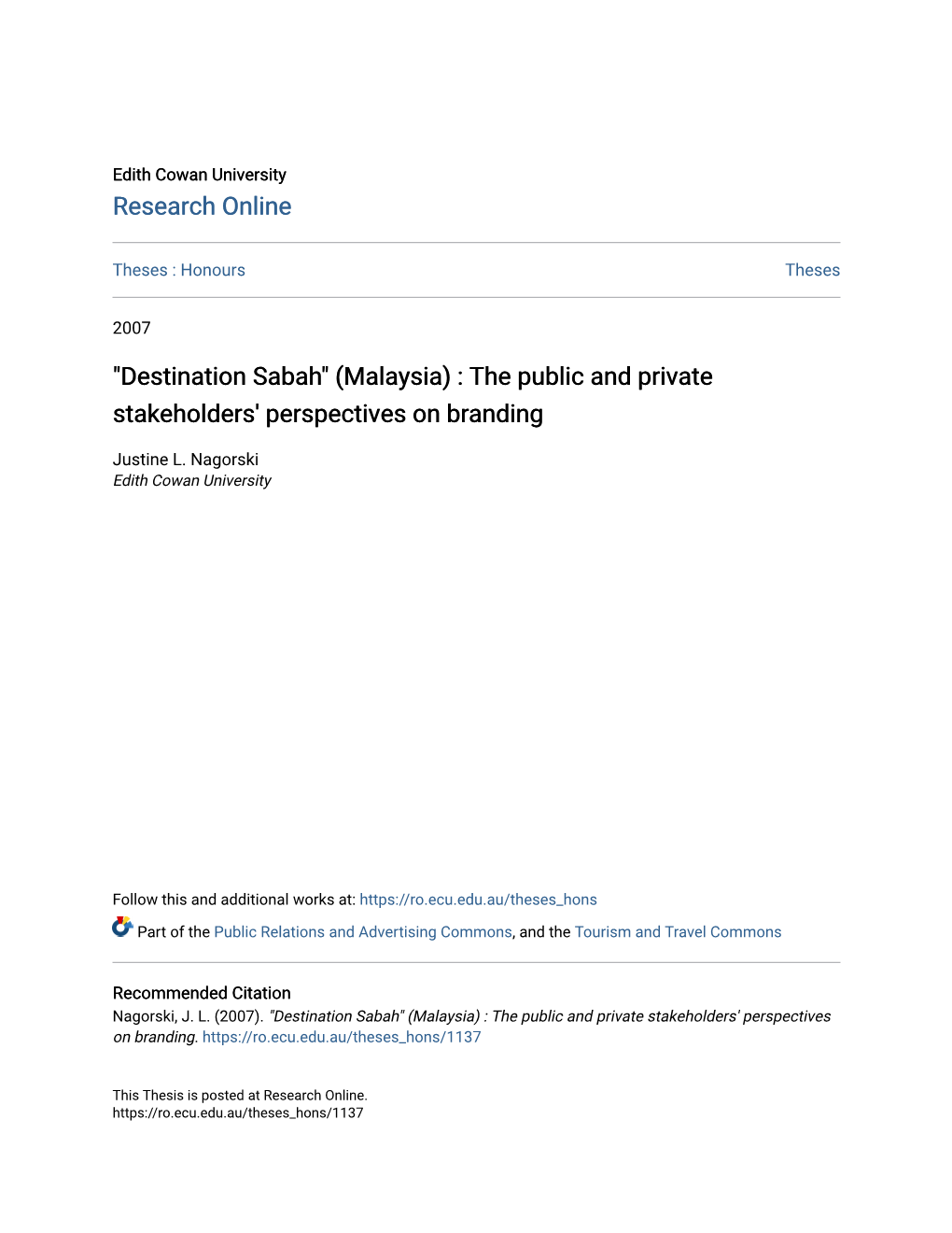 "Destination Sabah" (Malaysia) : the Public and Private Stakeholders' Perspectives on Branding