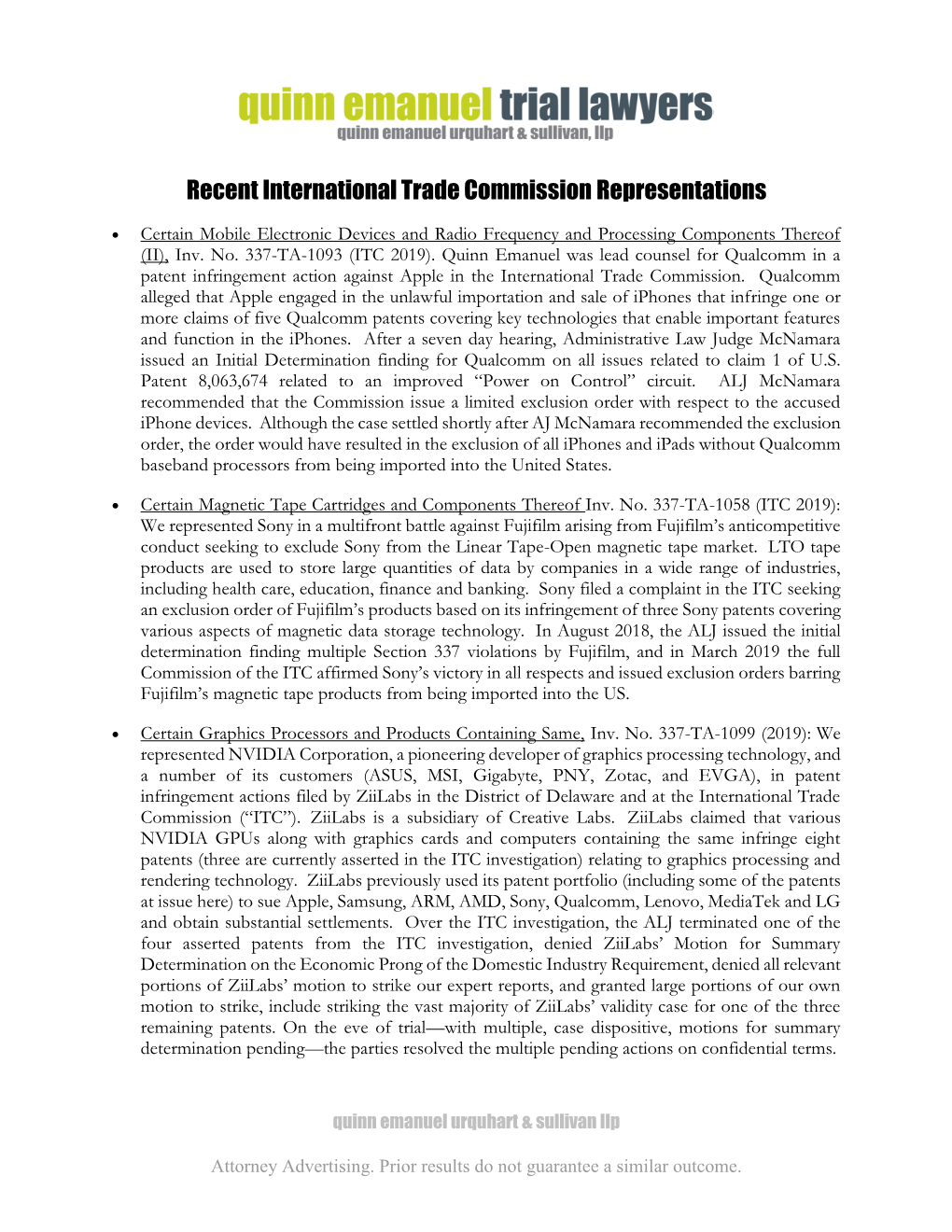 Recent International Trade Commission Representations