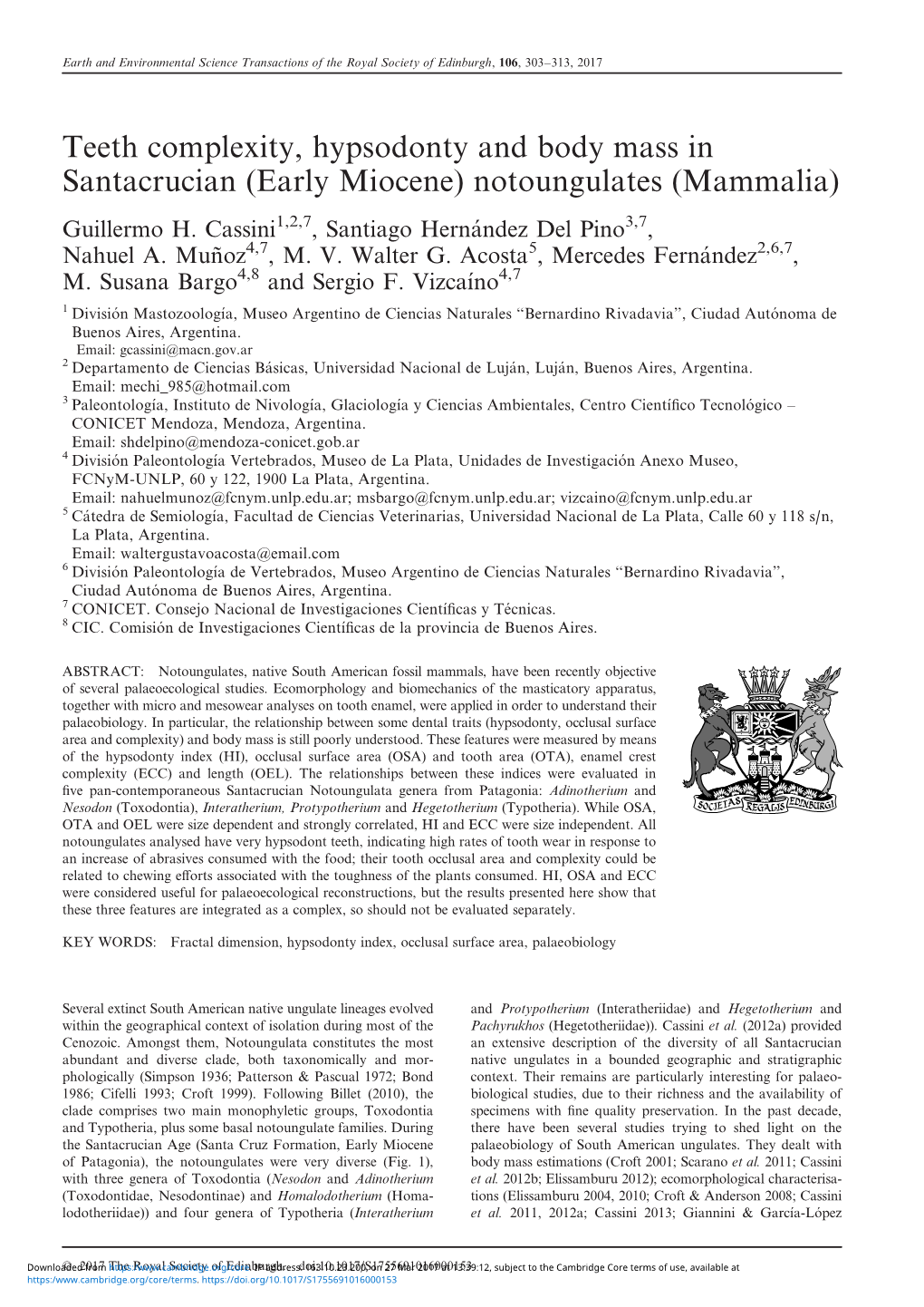 Teeth Complexity, Hypsodonty and Body Mass in Santacrucian (Early Miocene) Notoungulates (Mammalia) Guillermo H