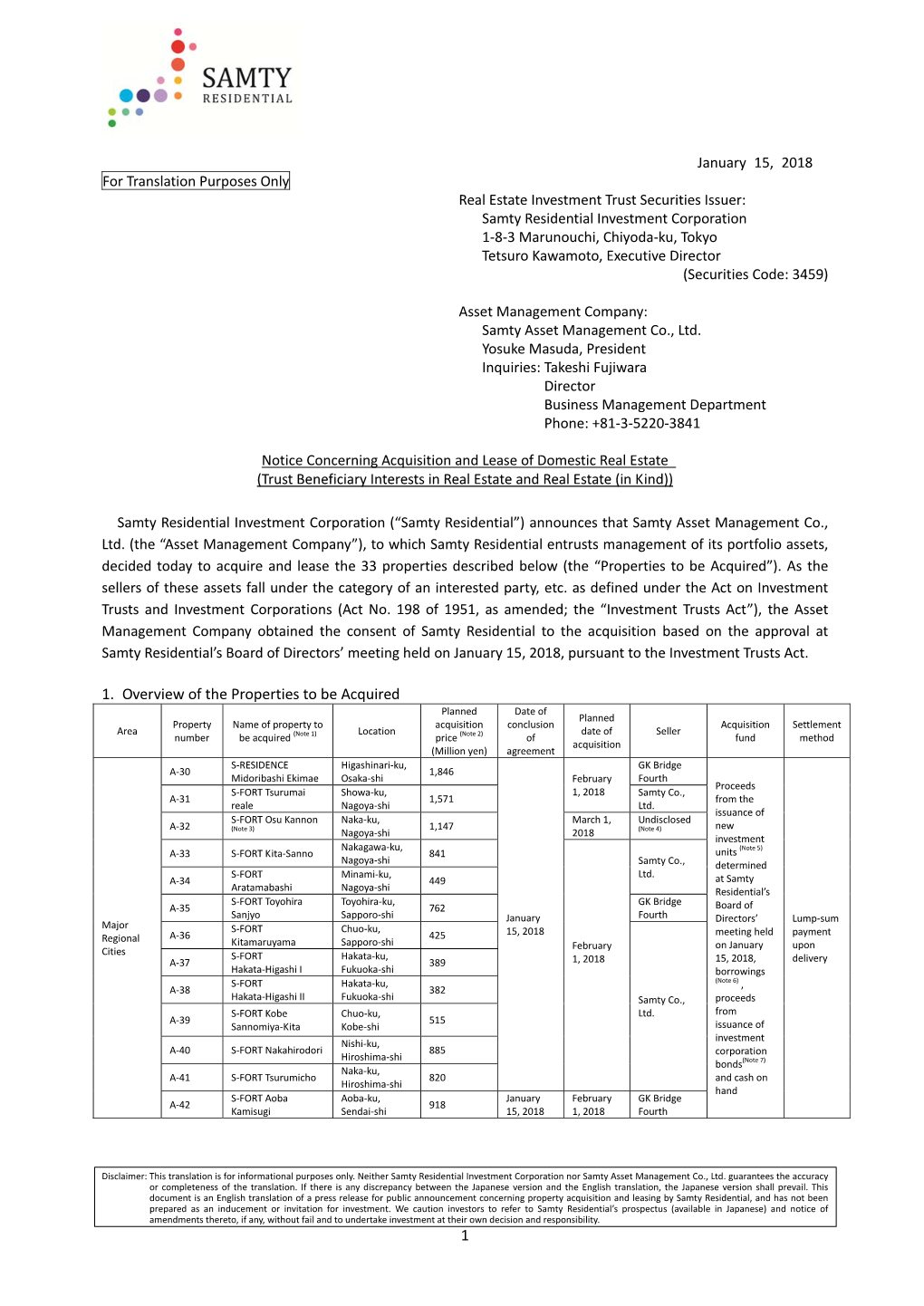 Samty Residential Investment Corporation 1‐8‐3 Marunouchi, Chiyoda‐Ku, Tokyo Tetsuro Kawamoto, Executive Director (Securities Code: 3459)