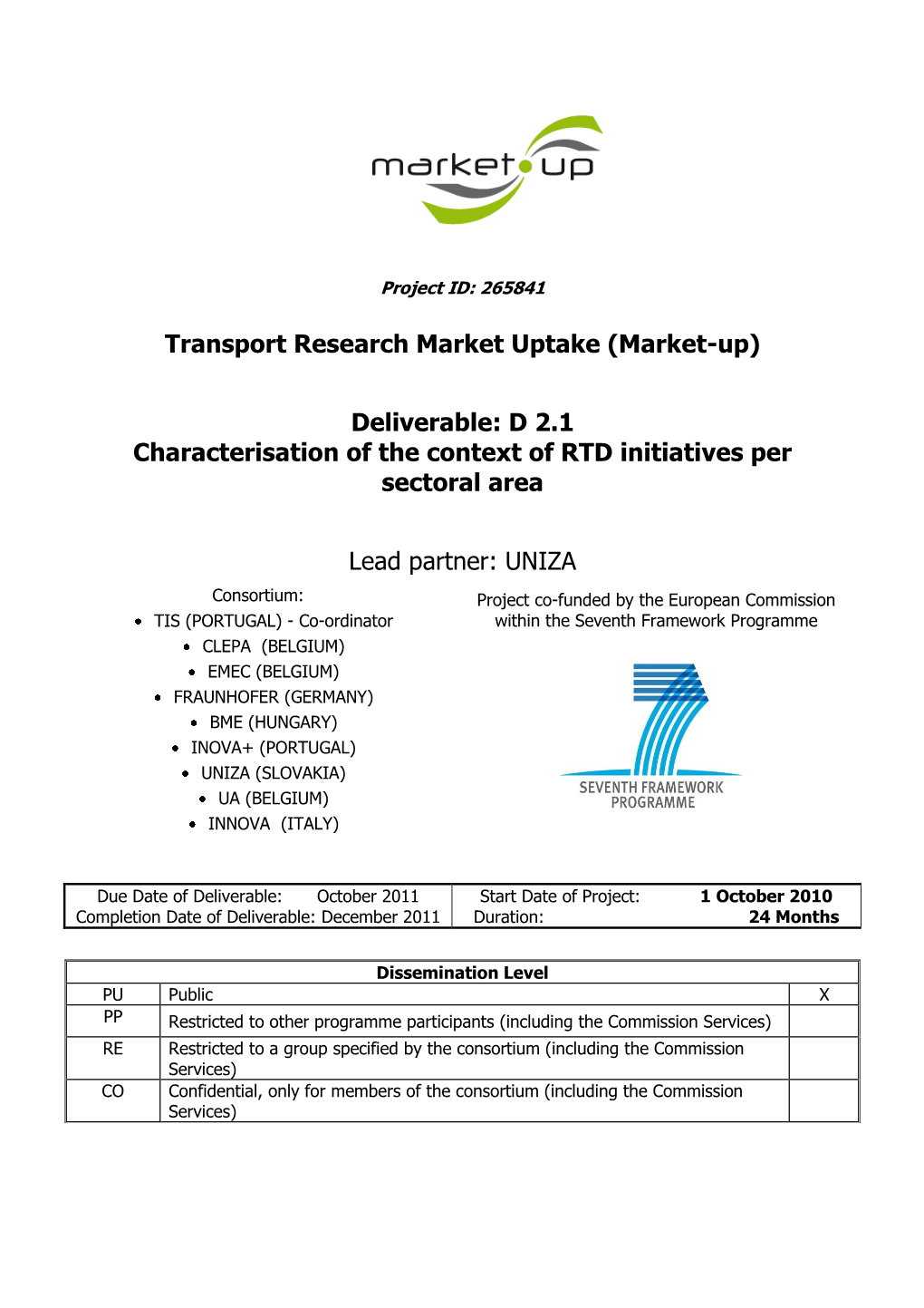 Transport Research Market Uptake (Market-Up) Deliverable: D 2.1