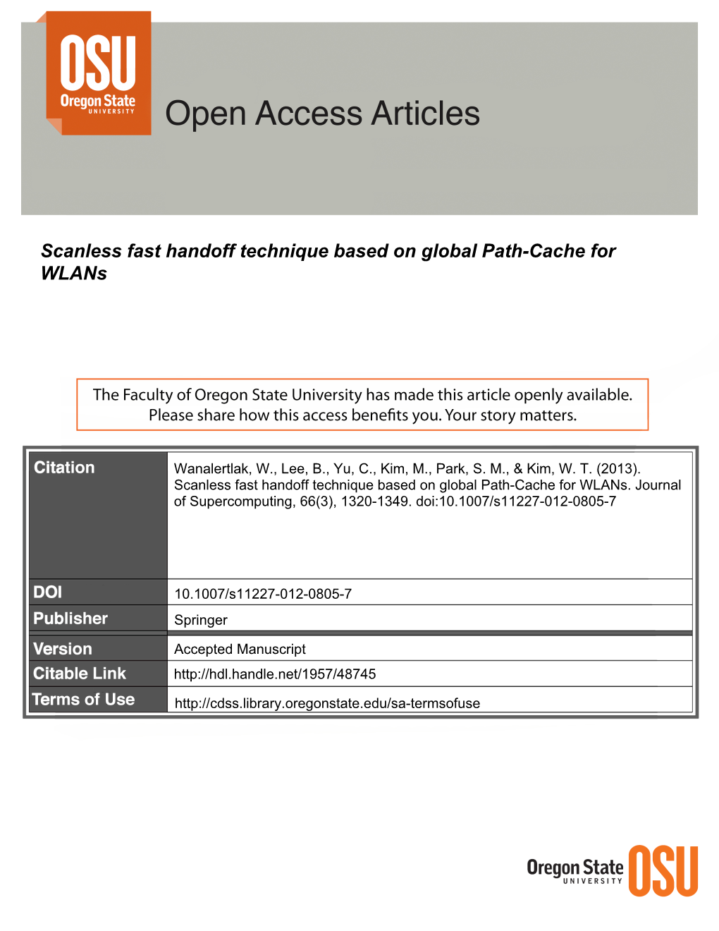 Scanless Fast Handoff Technique Based on Global Path-Cache for Wlans