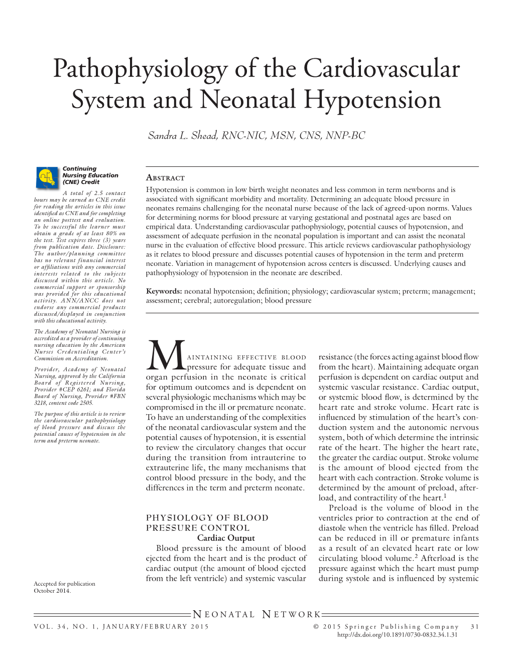 Pathophysiology of the Cardiovascular System and Neonatal Hypotension