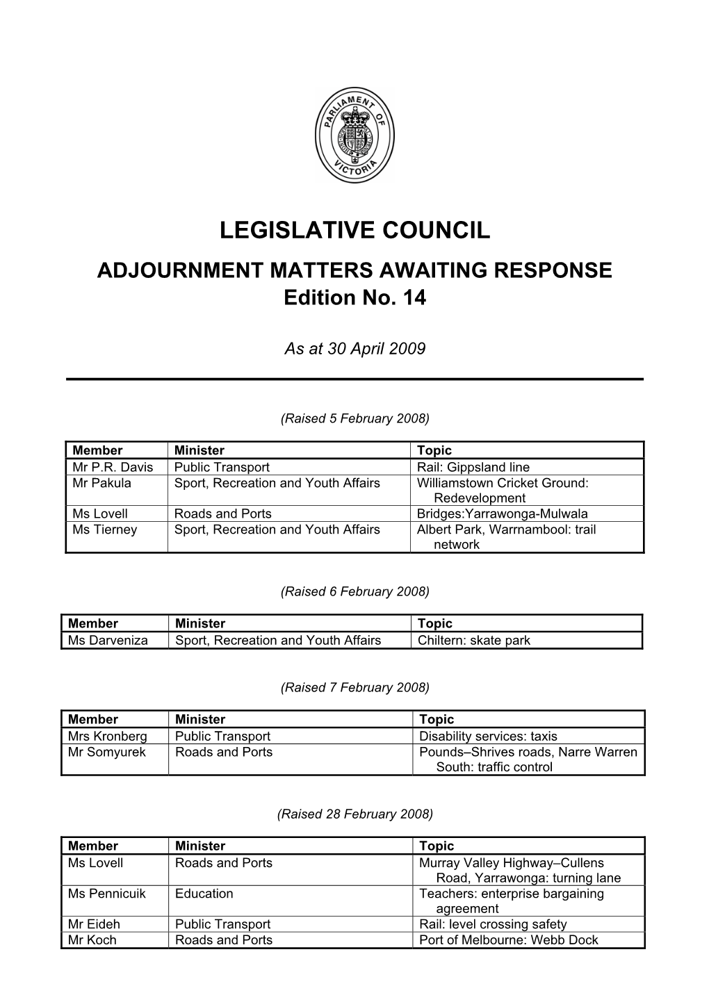 LEGISLATIVE COUNCIL ADJOURNMENT MATTERS AWAITING RESPONSE Edition No