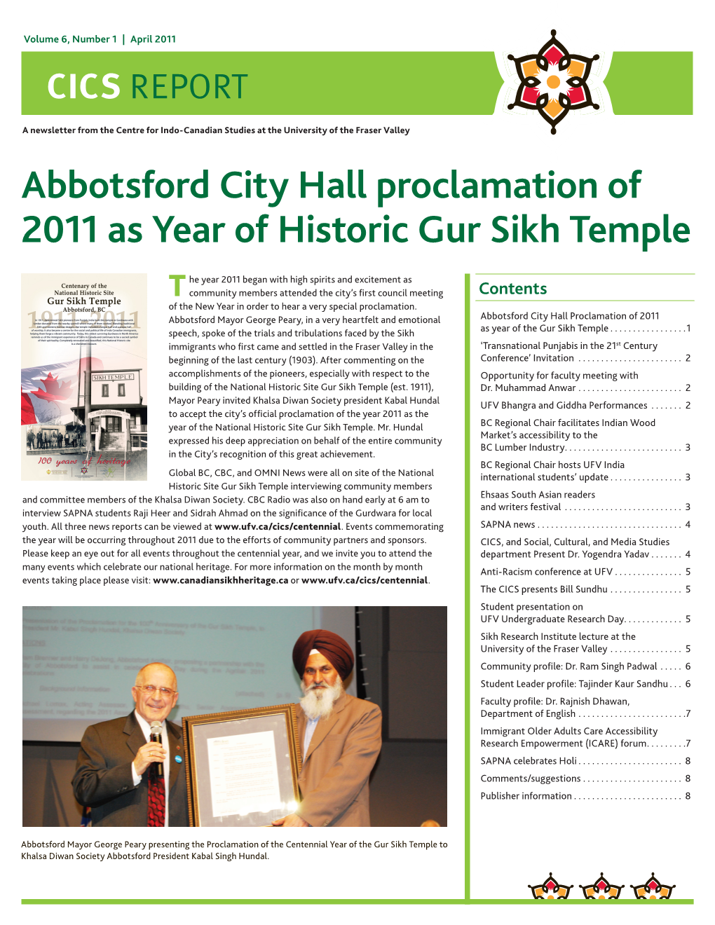 Abbotsford City Hall Proclamation of 2011 As Year of Historic Gur Sikh Temple
