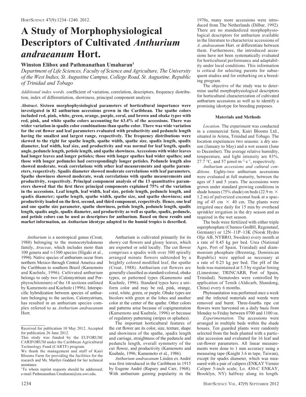 A Study of Morphophysiological Descriptors of Cultivated Anthurium