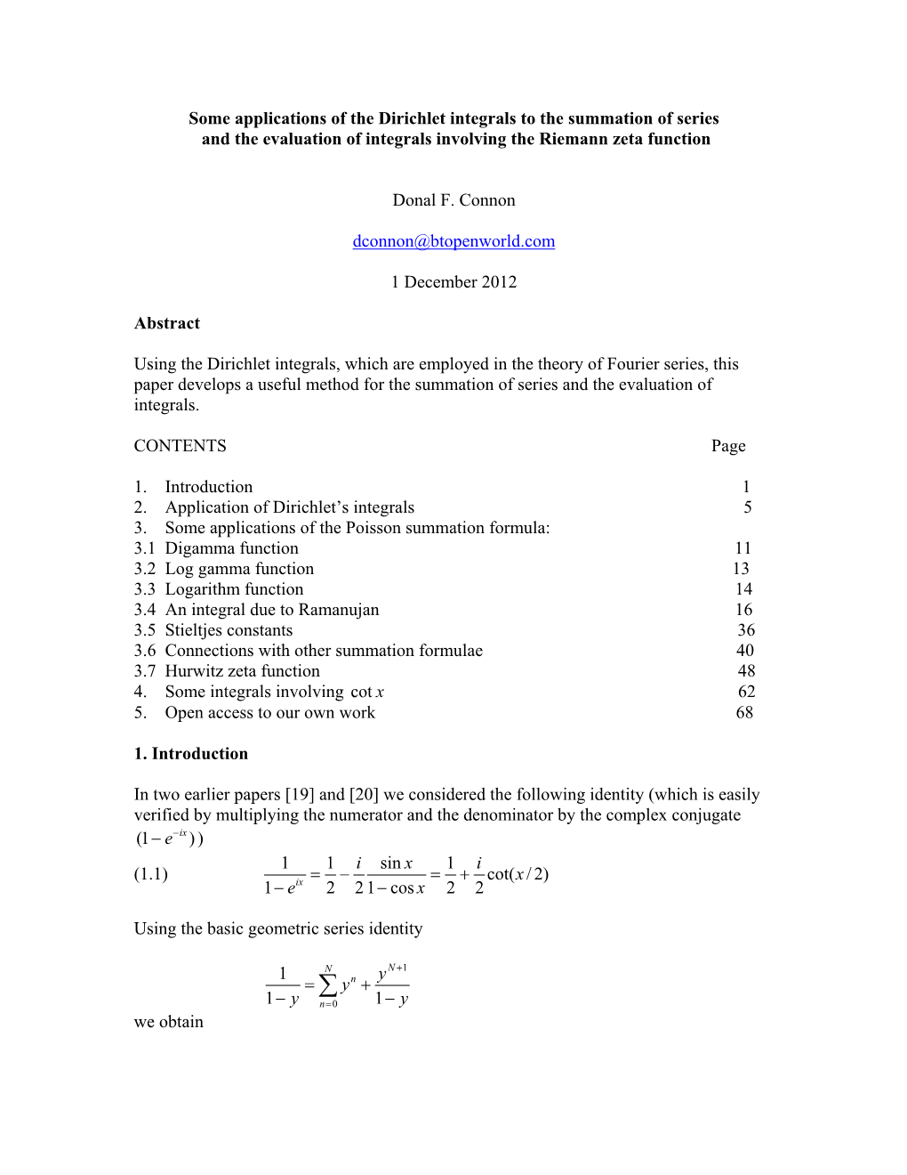 An Application of the Dirichlet Integrals to the Summation of Series