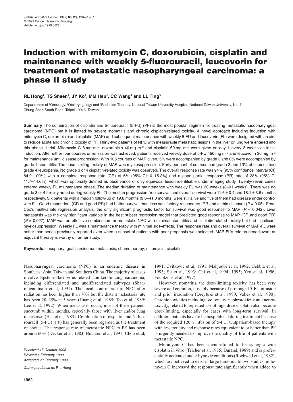 Induction with Mitomycin C, Doxorubicin, Cisplatin And