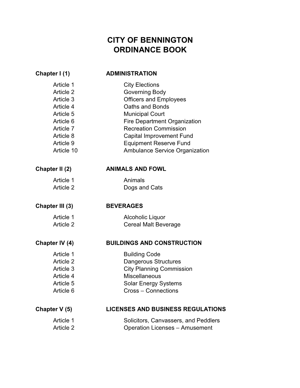 City of Bennington Ordinance Book