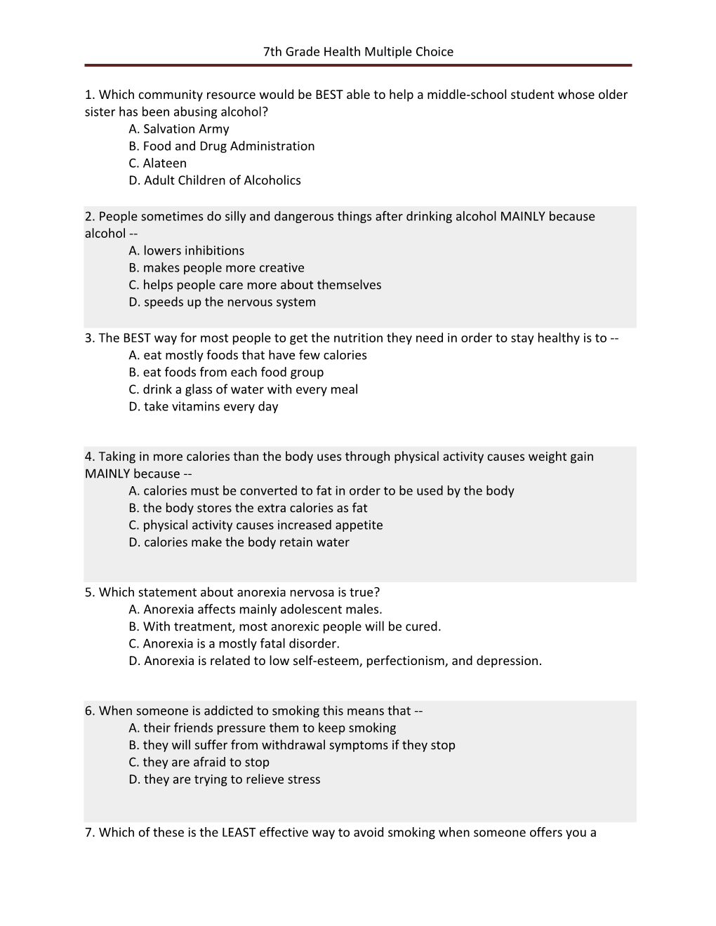 7Th Grade Health Multiple Choice